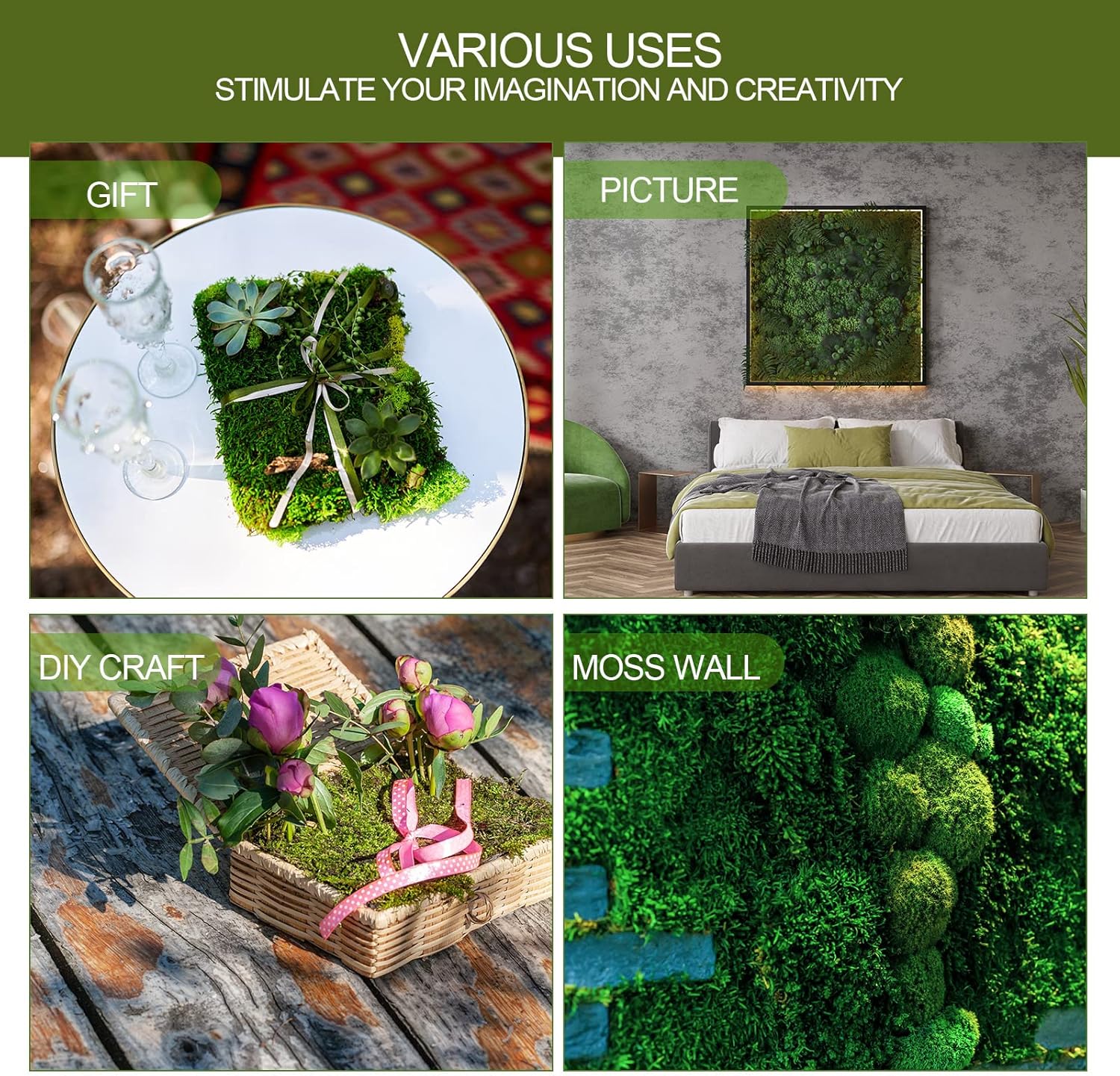 Jutom 4 Rolls Dried Moss Table Runner 12 x 40 Inch Preserved Sheet Moss Mat Artificial Green for Crafts Party Wedding Garden Decor