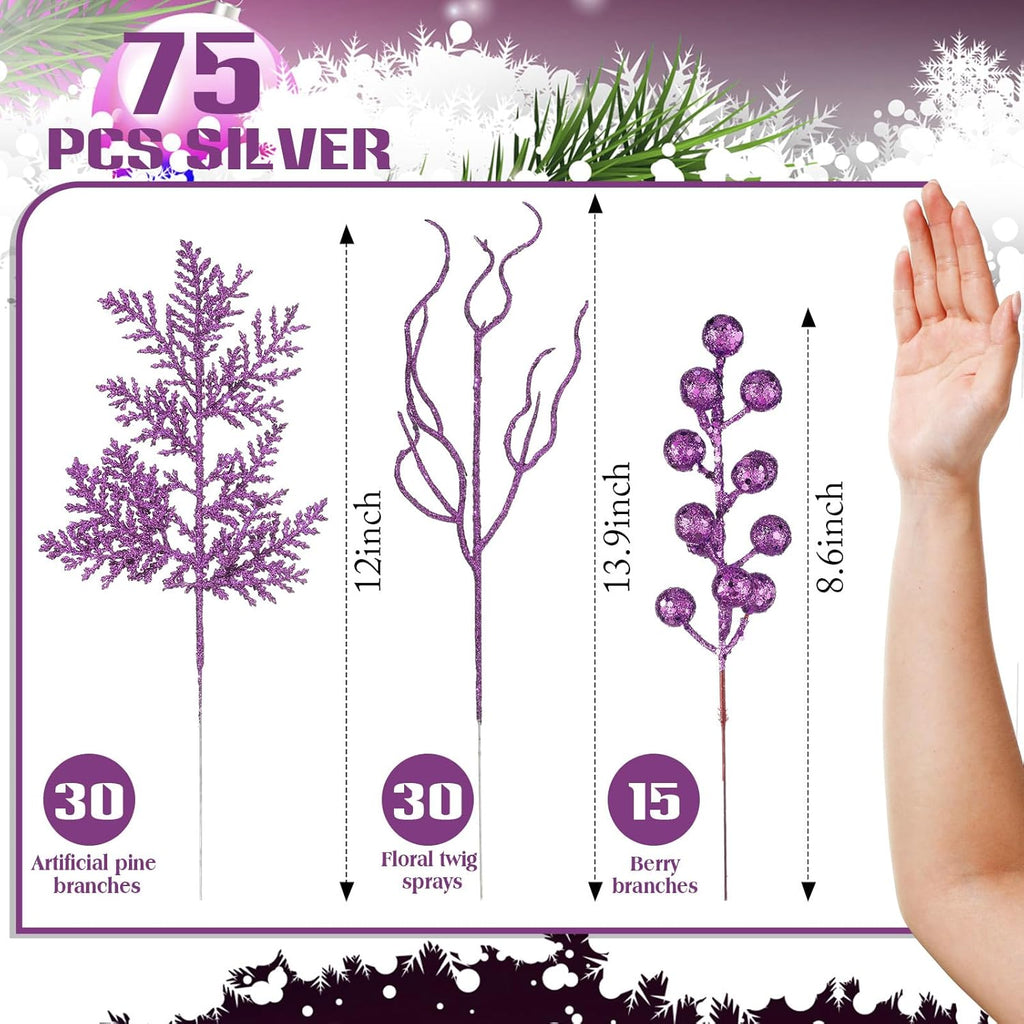 75 Pcs Christmas Glitter Branches 3 Styles Artificial Christmas Picks Berries Stems Pine Needles Floral Twig Spray for Xmas Tree Ornaments DIY Wreath Garland(Light Purple)