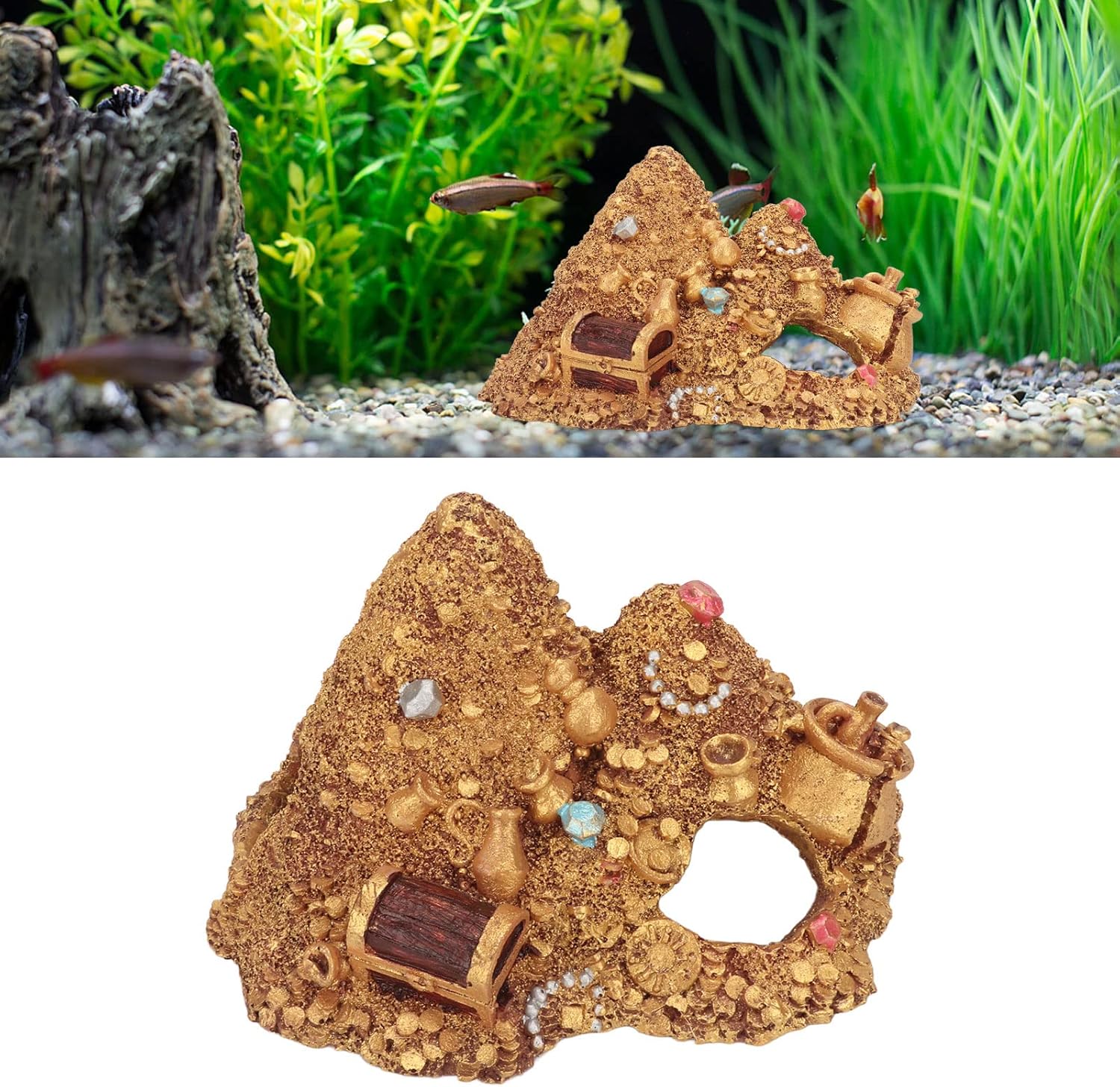 Aquarium Decoration Cave, Fish Tank Gold Mountain Simulation Resin Aquarium Treasure Mountain Hideouts Decoration for Freshwater Saltwater 4.3 x 4.7 x 5.9 inch