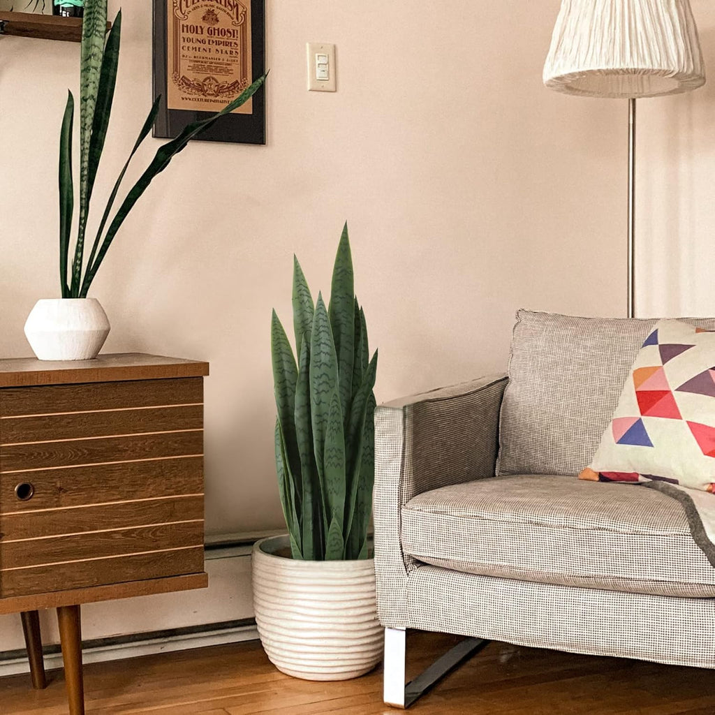 Worth Garden 3ft Artificial Snake Plant Fake Sansevieria Indoor Outdoor, 28 Thick Leaves Lifelike Faux Silk Plant, Home Decor Mother in Law Tongue Plant 35in, with Black pot & Dry Moss Included, Green