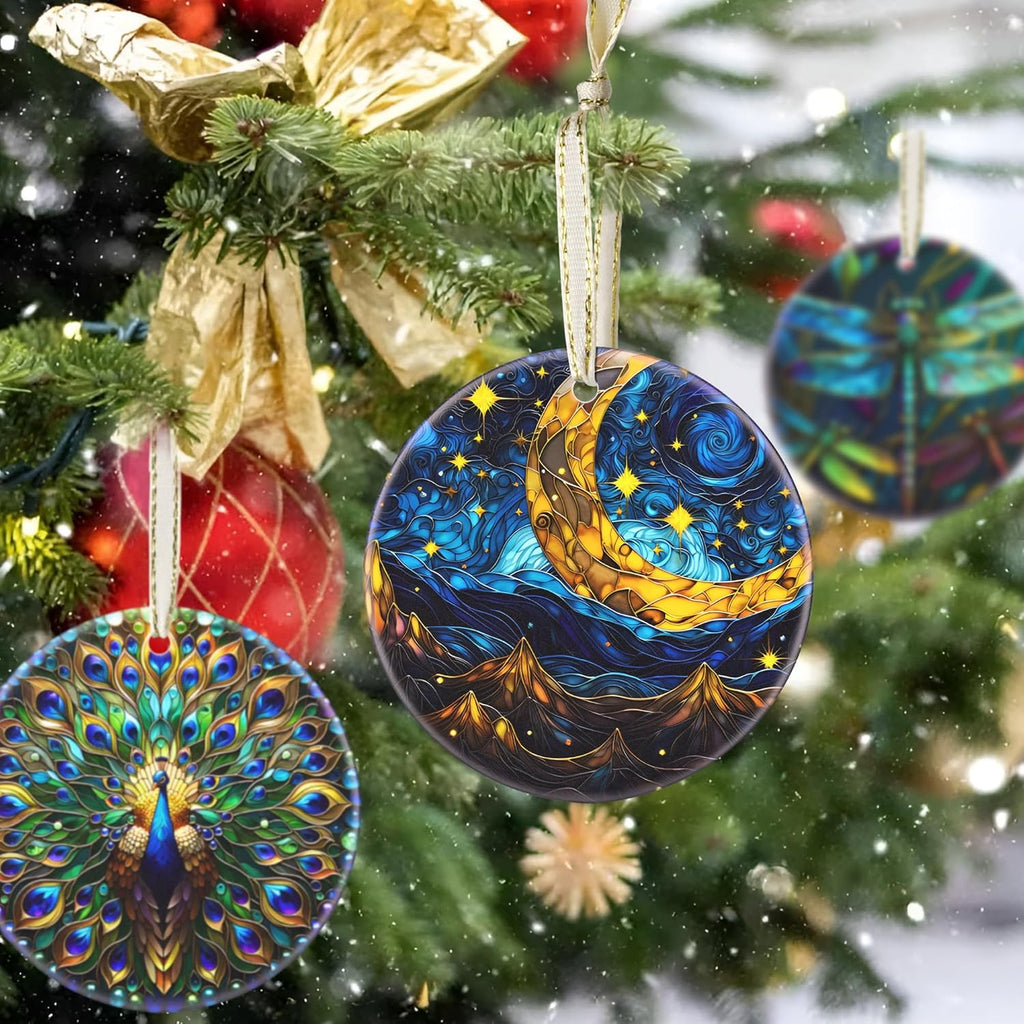 2025 Christmas Ornament - Christmas Tree Ornaments, Round Ceramic Holiday Decor - Gift Idea for Friends, Exchange - Retro Moon Star