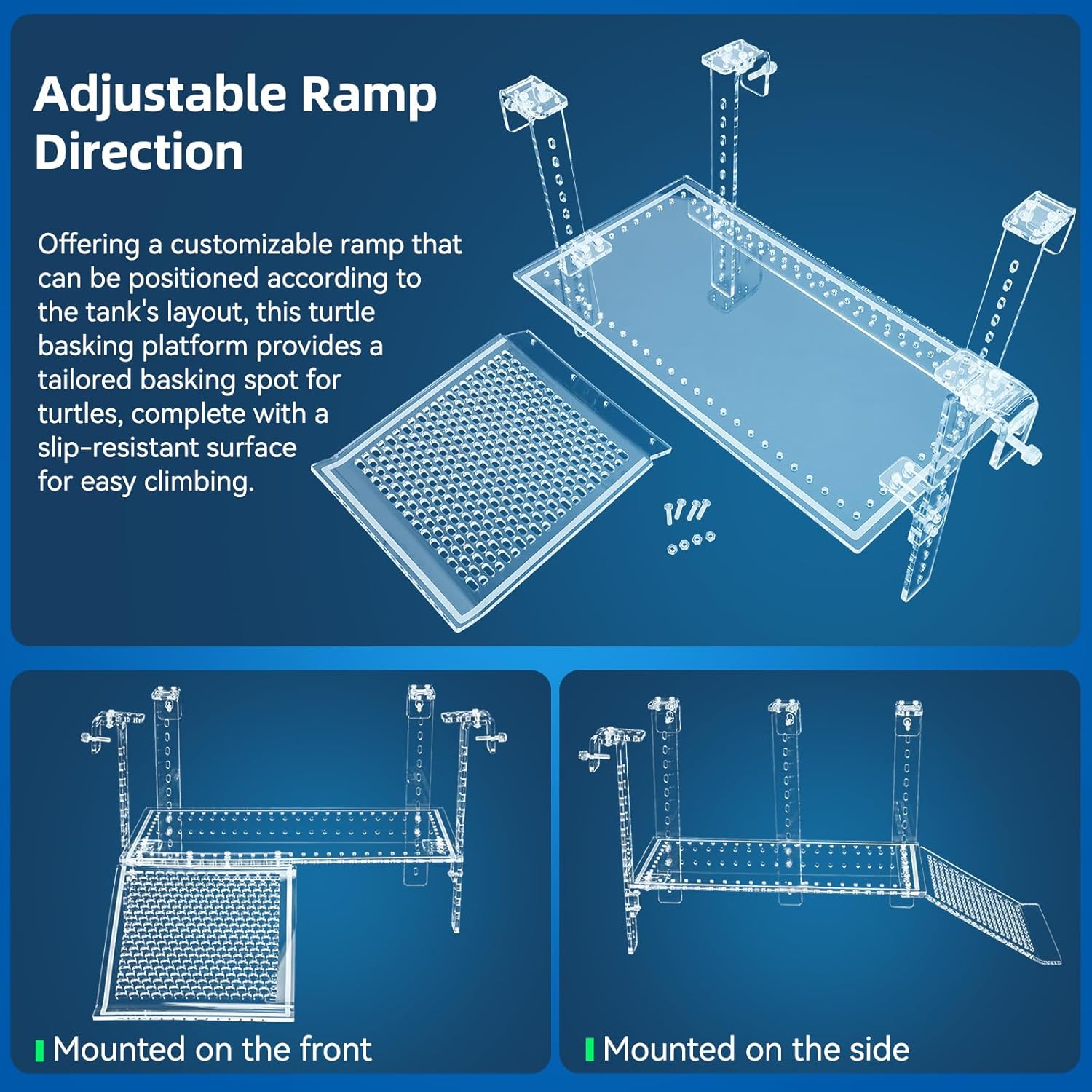 Turtle Docks Large Adjustable Turtle Basking Platform for Aquatic Turtles, Design for Tanks 0.3"-2" Thick, Stable Construction,Slip-Resistant Ramp,Adjustable Ramp Direction (15'' x 8.1'')