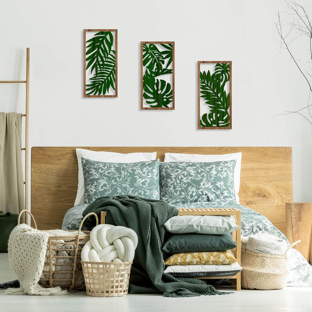 Oubasa Metal Palm Leaves Wall Decor, 3 Pcs Boho Palm Leaf Wall Art Bathroom Decor, Tropical Botanical Plant Art for Home Bedroom Decoration, 15.7 x 7.8 Inches