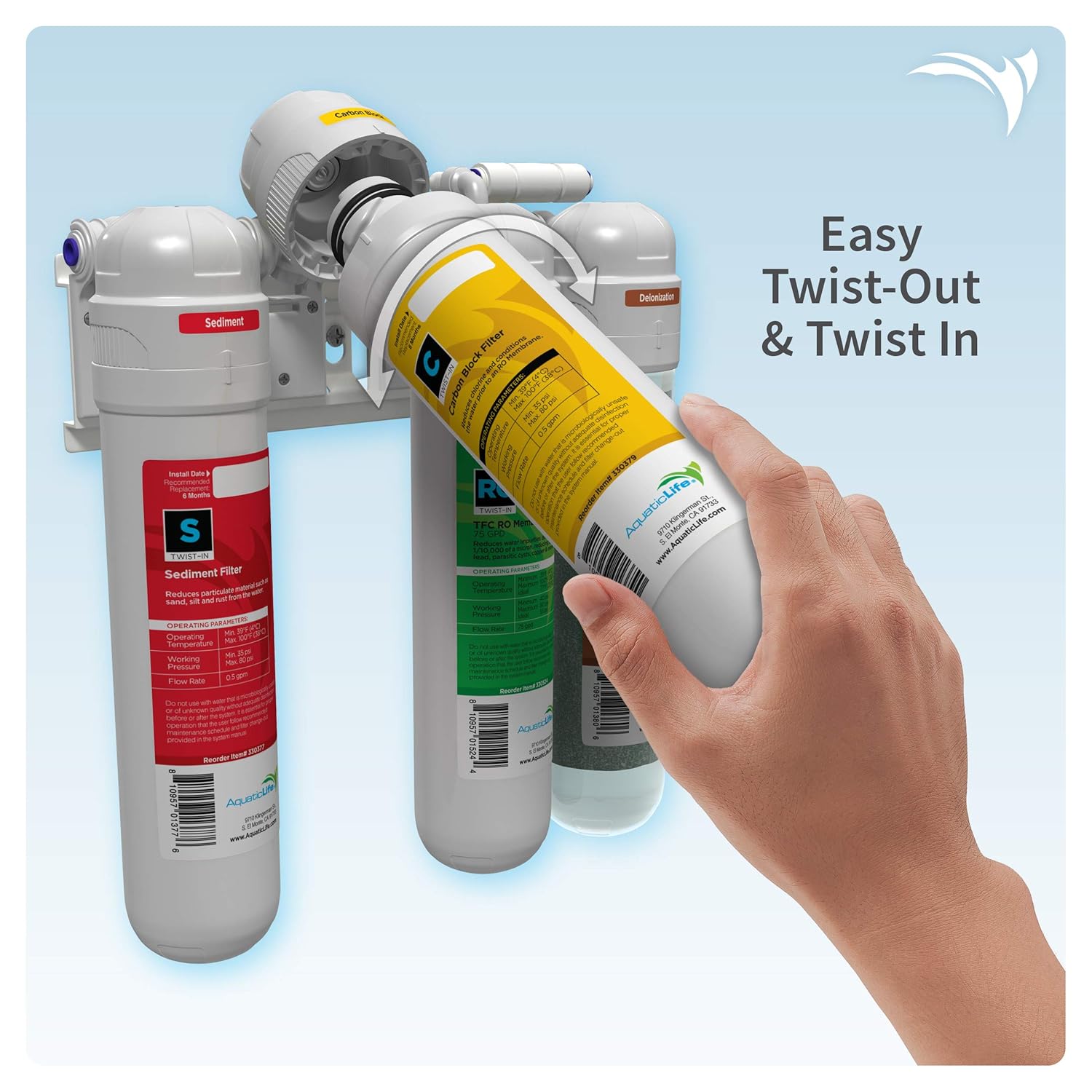Aquatic Life Twist-in 4-Stage Reverse Osmosis Water Filter System RO/DI Filtration Units for Aquarium, 75 GPD