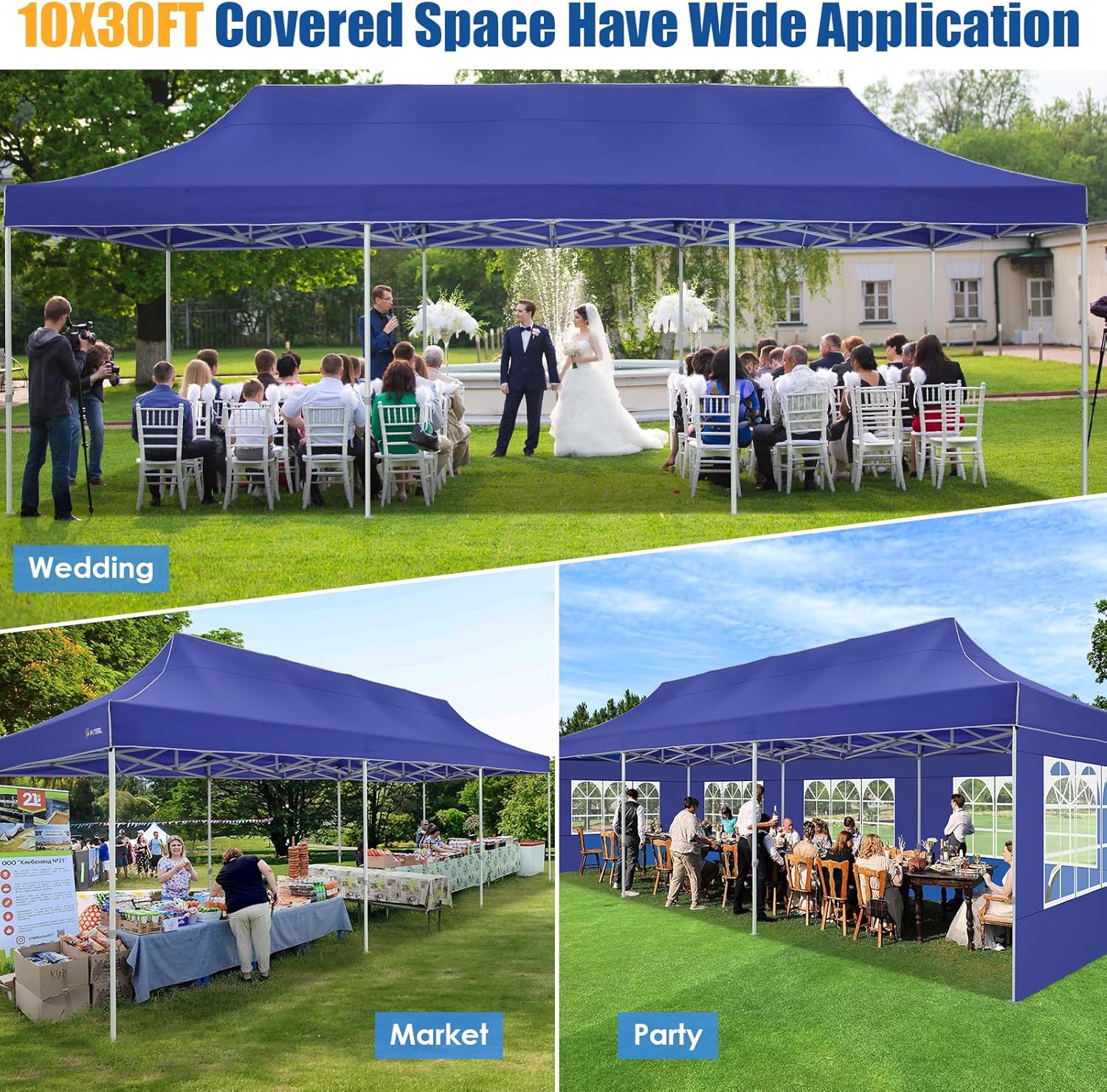 HOTEEL 10x30 Pop up Canopy Tent for Parties, Heavy Duty Easy Setup Tent with 8 Sidewalls, Outdoor Commercial Instant Gazebo for Wedding Event, with Portable Bag & Sand Bags, Dark Blue(Hexagonal Frame)