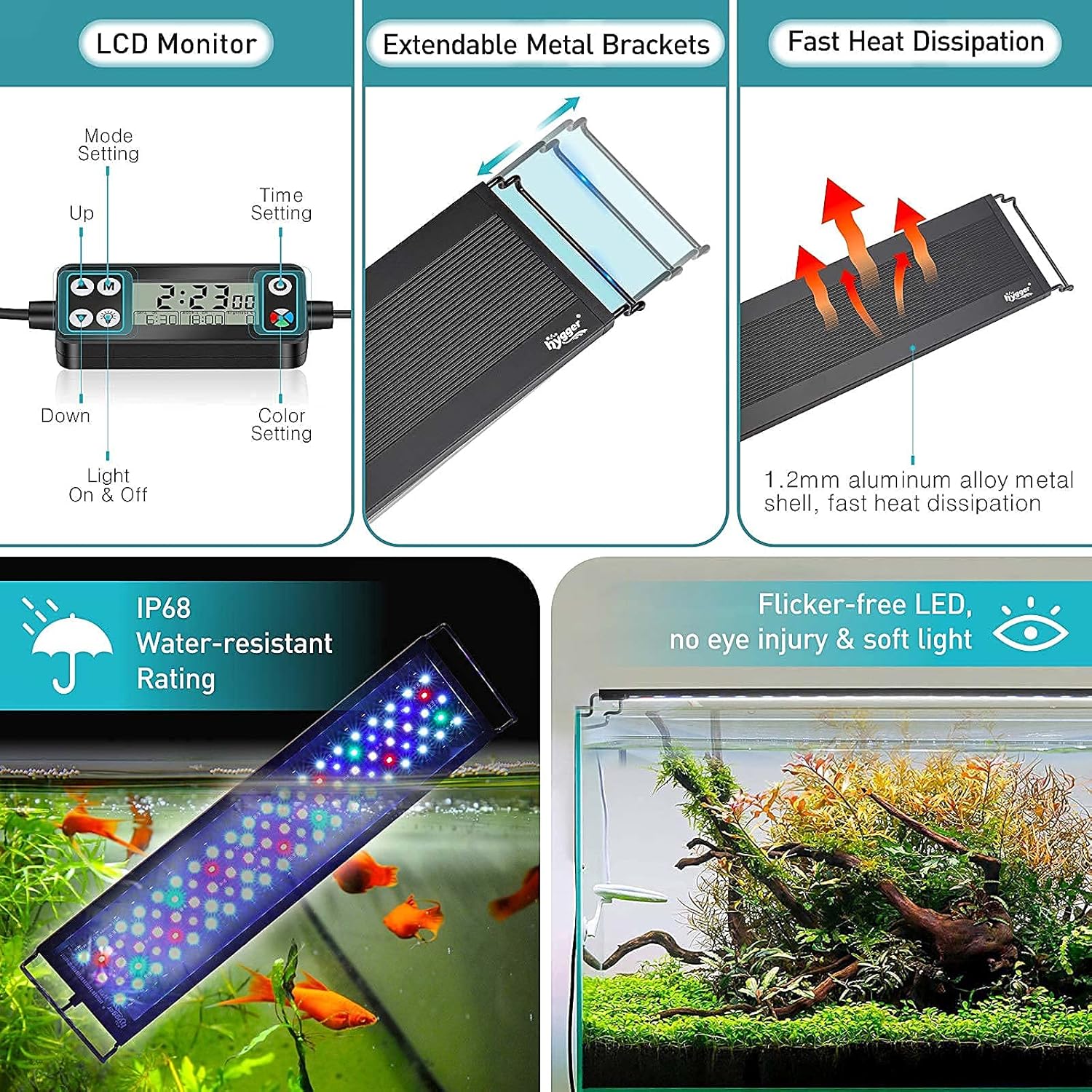 hygger Auto On Off LED Aquarium Light, Full Spectrum Fish Tank Light with LCD Monitor, 24/7 Lighting Cycle, 7 Colors, Adjustable Timer, IP68 Waterproof, 3 Modes for 12"-18" Freshwater Planted Tank
