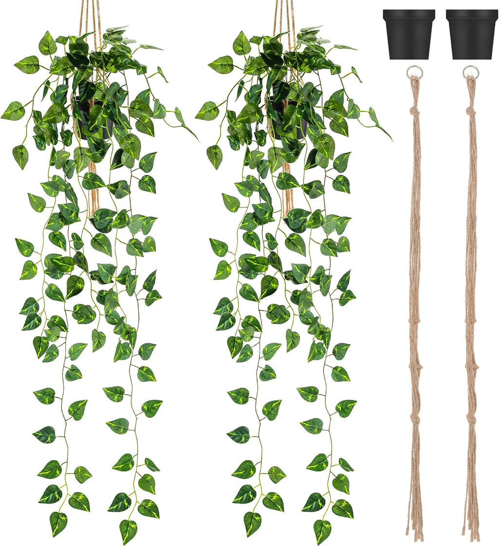 Folmywy 2 Pack Artificial Hanging Plants Vines with Pot Fake Greenery Potted Plant Ivy Leaves Garland Decoration for Shelf Living Room Bedroom Garden Wedding Party Indoor Outdoor