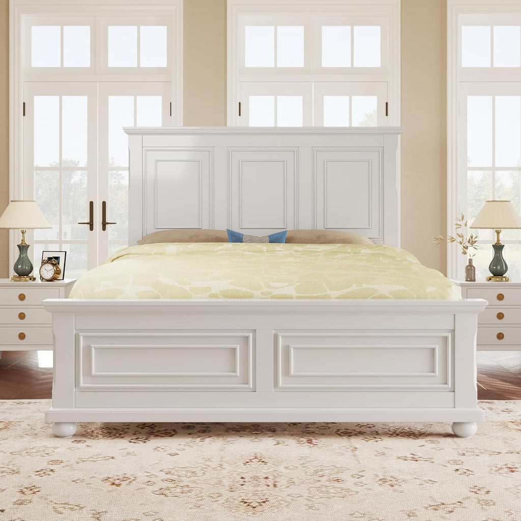 Merax King Bed Frames Traditional Town and Country Style Pinewood Vintage Bed,White