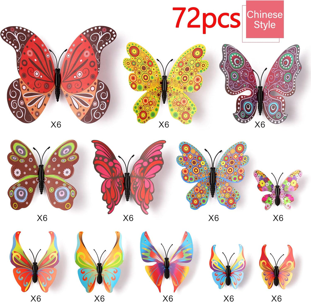 LiveGallery 72 PCS Chinese Style Removable 3D DIY Beautiful Butterfly Wall Decals Colorful Butterflies Art Decor Wall Stickers Murals for Kids Baby Boy Girls Bedroom Classroom Offices (Chinese Style)