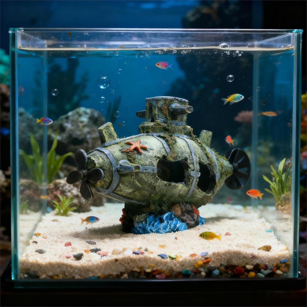 Aquarium Submarine Shipwreck Decor, Realistic Resin Sunken Ship Ornament, Fish Hideout Tank Accessory for Underwater Styling