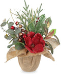 Briful 15.7’’ Premium Artificial Christmas Arrangement with Red Magnolia, Pomegranate & Gold Berries in Burlap Pot, Elegant Holiday Centerpiece for Farmhouse & Modern Christmas Décor