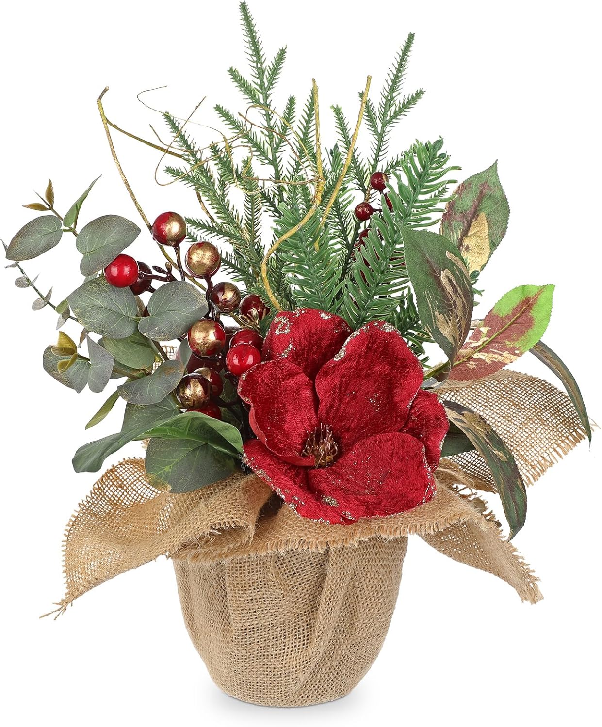 Briful 15.7’’ Premium Artificial Christmas Arrangement with Red Magnolia, Pomegranate & Gold Berries in Burlap Pot, Elegant Holiday Centerpiece for Farmhouse & Modern Christmas Décor