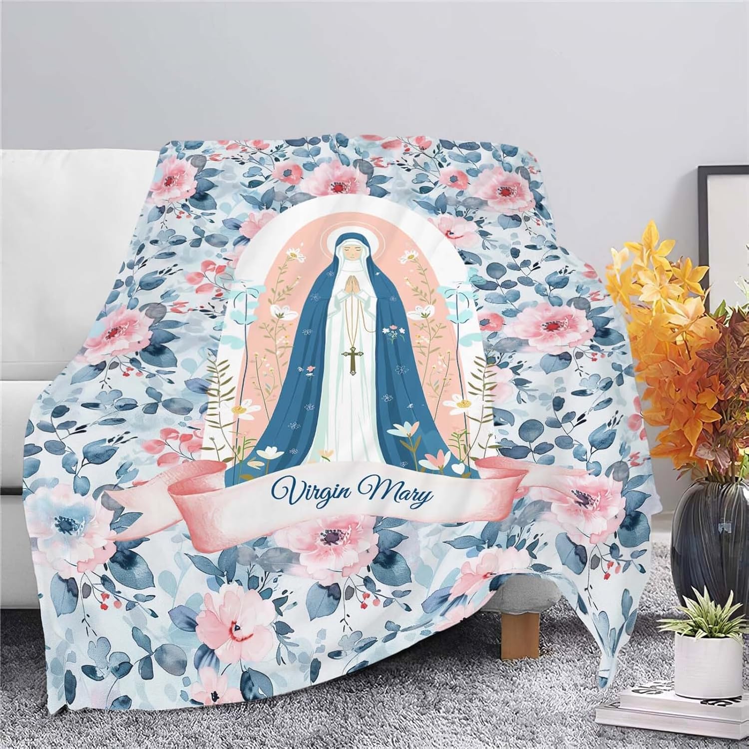 Virgin Mary Throw Blanket Christian Religious Scripture Catholic Spiritual Stuff Gifts for Adults Women Soft Cozy Warm Plush Fluffy Fuzzy Fleece Blanket Decor 60''X80''