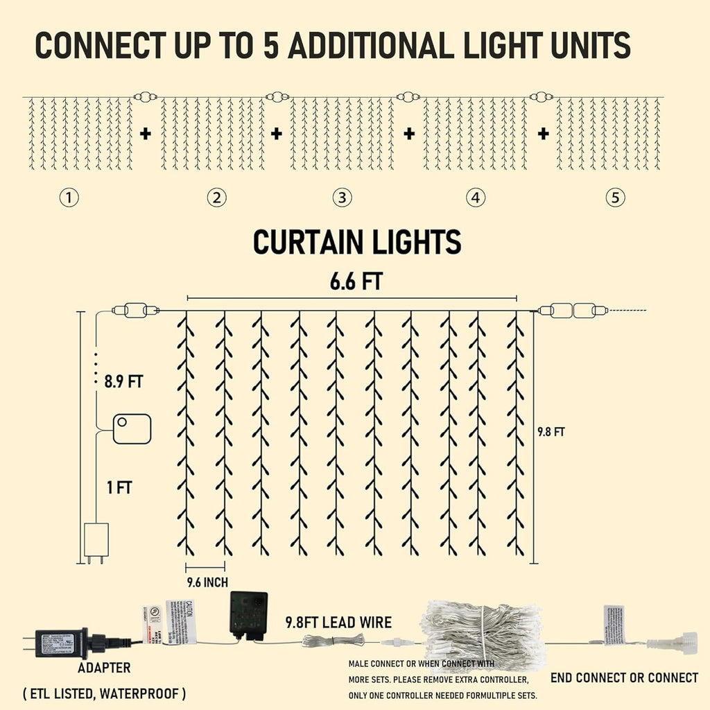 Dazzle Bright 300 LED Curtain Lights, Plug in Fairy Curtain Lights for Bedroom, Christmas Hanging String Lights Outdoor for Window Backdrop Wall Wedding Patio Indoor Dorm Party Decor, Warm White