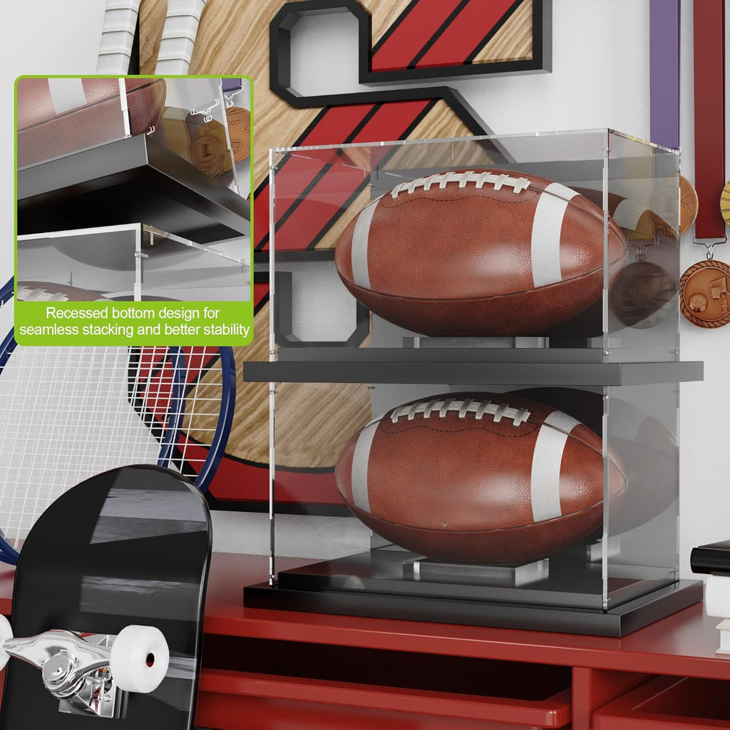 Putros Football Display Case with Mirror and Black Metal Grooved Base Acrylic Football Case with Transparent Removable Built-in Football Display Stand for Autographed Football
