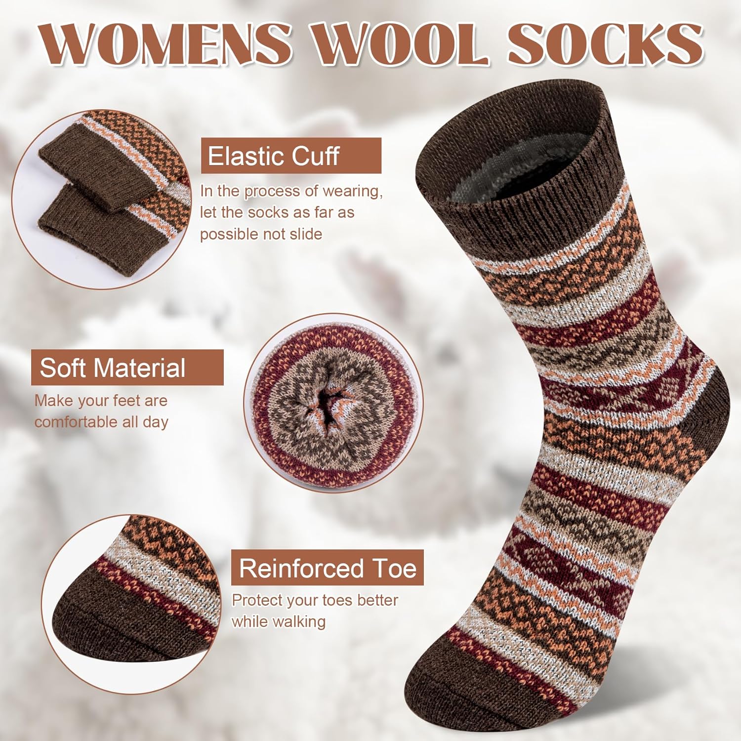 Justay 5 Pairs Wool Socks for Women - Winter Thick Boot Cozy Crew Vintage Soft Calf Knit Warm Socks Gifts
