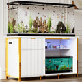 55-75 Gallon Fish Tank Stand with Power Outlets, LED Light, Vertical Lines, Heavy Duty Aquarium Stand with Cabinet for Fish Tank Accessories Storage, Turtle Tank, Reptile Terrarium, 1100LBS, White