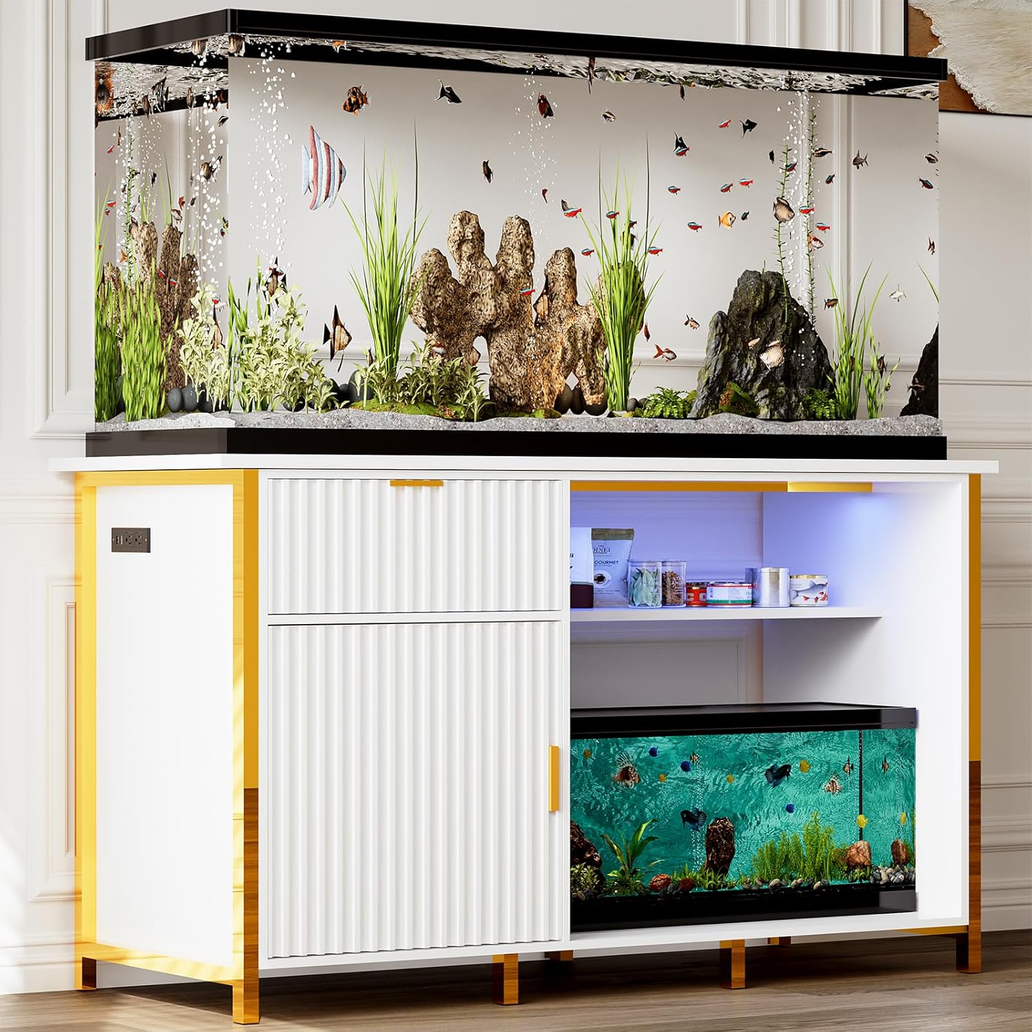 55-75 Gallon Fish Tank Stand with Power Outlets, LED Light, Vertical Lines, Heavy Duty Aquarium Stand with Cabinet for Fish Tank Accessories Storage, Turtle Tank, Reptile Terrarium, 1100LBS, White