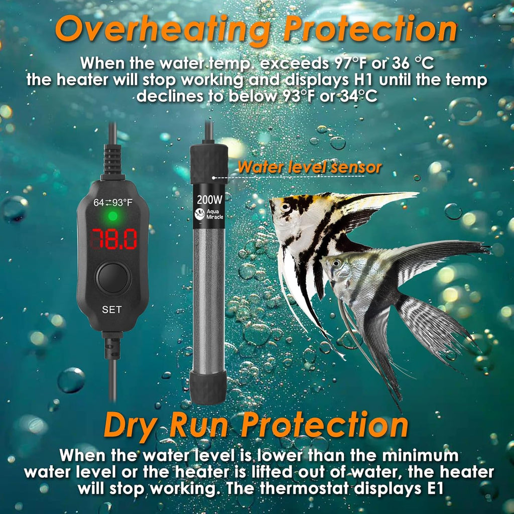 AquaMiralce 200W Aquarium Heater with Compact Size, Submersible Fish Tank Heater with LED Digital Display Thermostat, Adjustable Fish Heater Turtle Heater for 30-40 Gallon Tanks