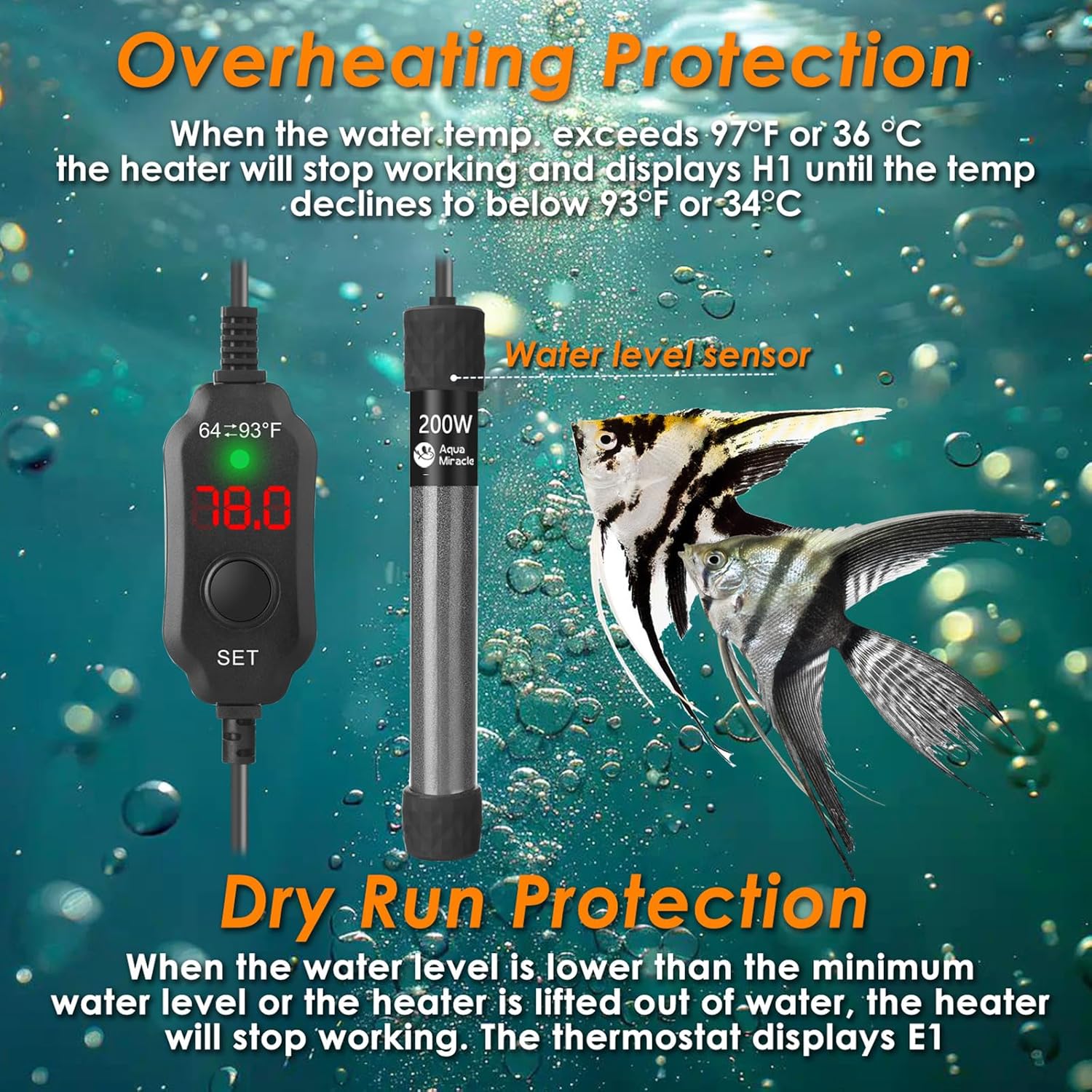 AquaMiralce 200W Aquarium Heater with Compact Size, Submersible Fish Tank Heater with LED Digital Display Thermostat, Adjustable Fish Heater Turtle Heater for 30-40 Gallon Tanks
