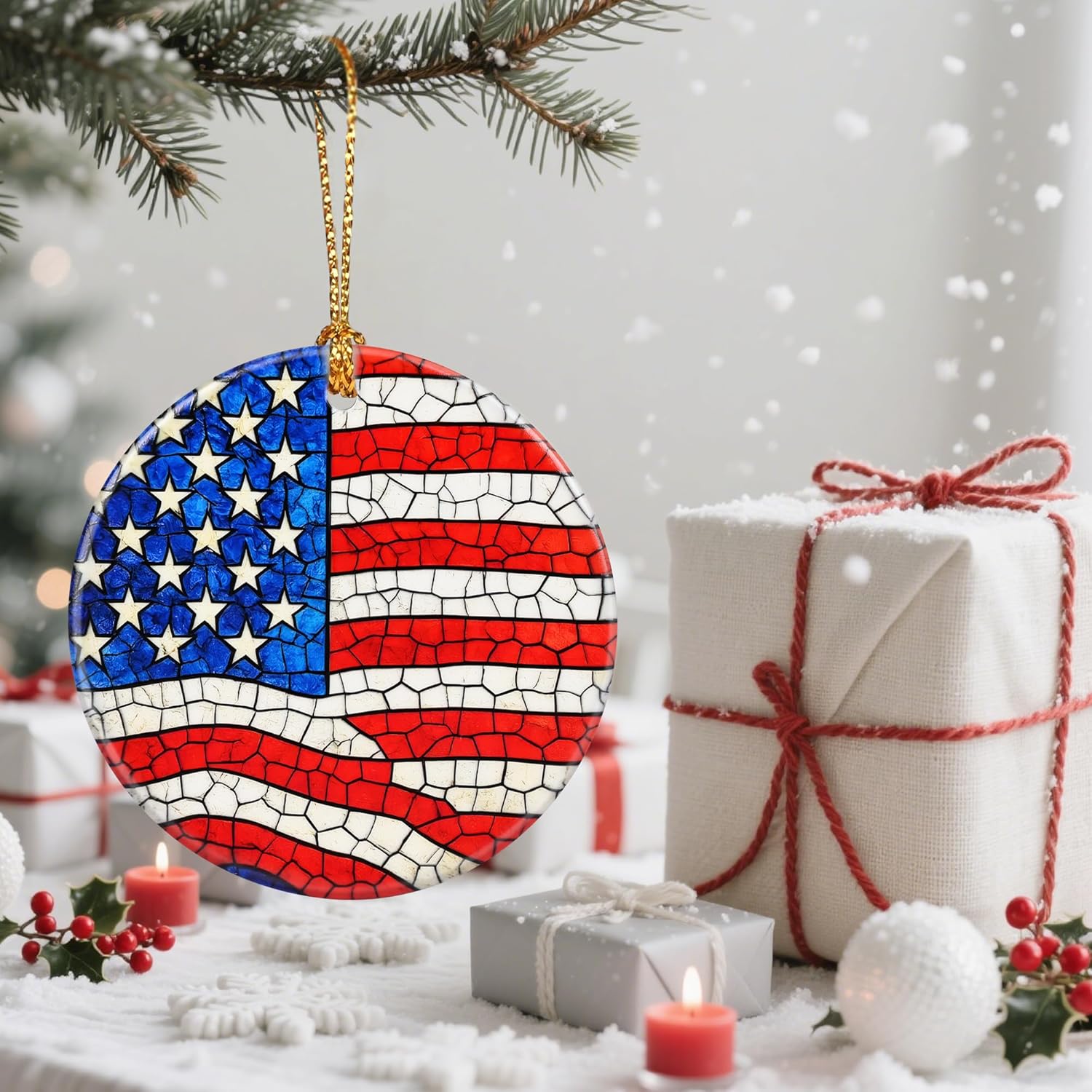 Ceramic-Style Christmas Tree Decorations, Christmas Ornaments, Double-Sided Printed Ornament Keepsakes, Holiday Decor. Xmas Gifts, Gifts for Flag Lovers - American Flag-Themed