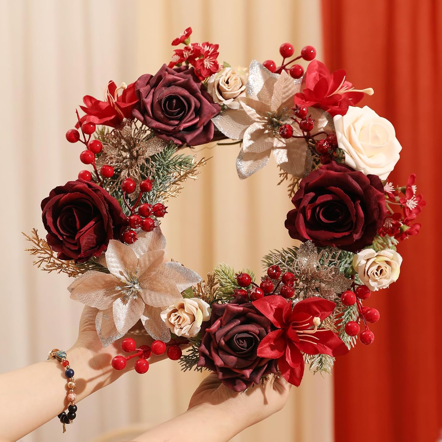 YYHUAWU Artificial Christmas Flowers Greenery Combo Box Set Faux Flowers Bulk Flower Leaf with Stems for DIY Tree Ornaments Xmas Wreath Floral Arrangements Centerpieces