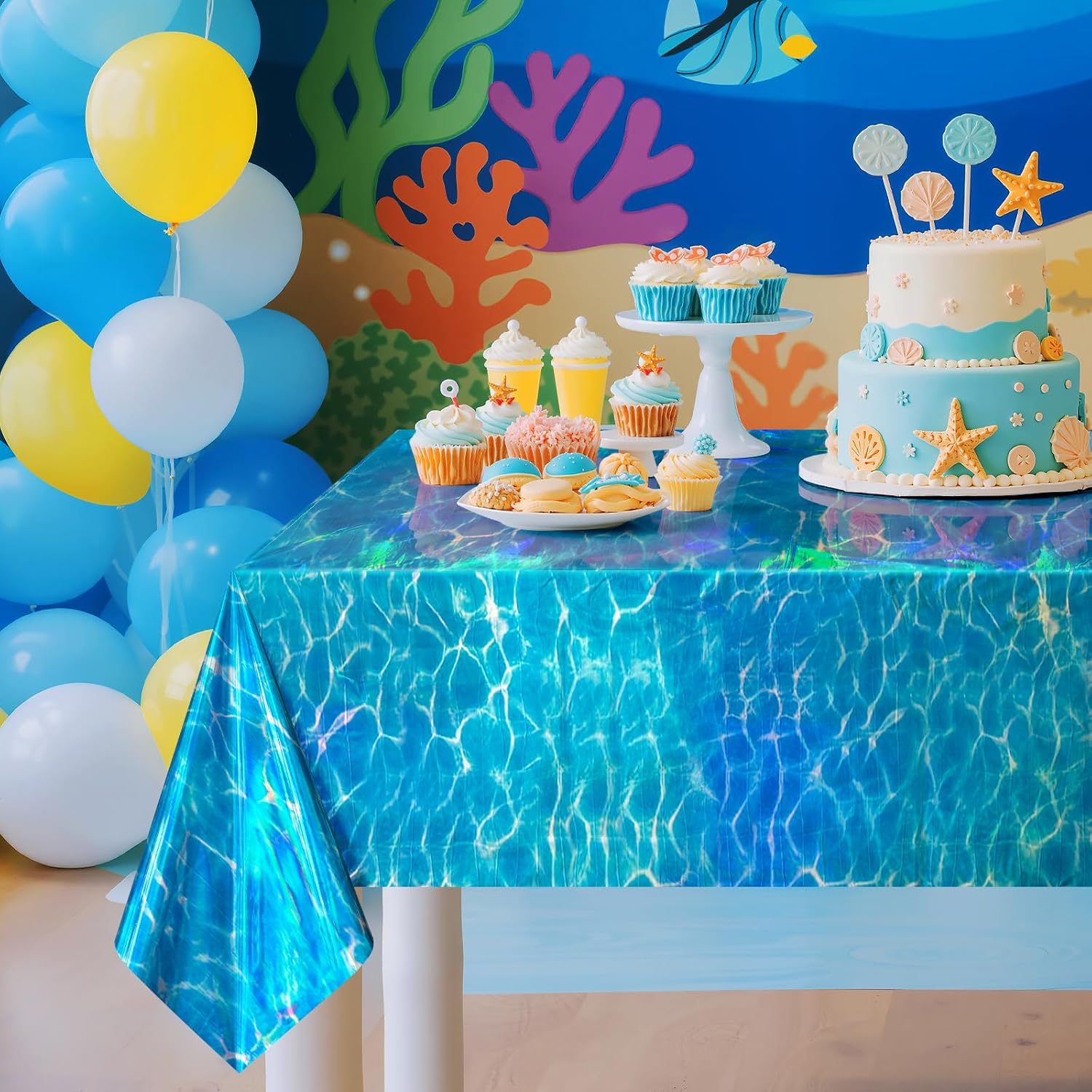 4 Pack Ocean Waves Holography Tablecloth, 54 x 108” Blue Sea Design, Waterproof Disposable Plastic Table Cover for Beach, Pool, Under The Sea, and Birthday Party Decorations