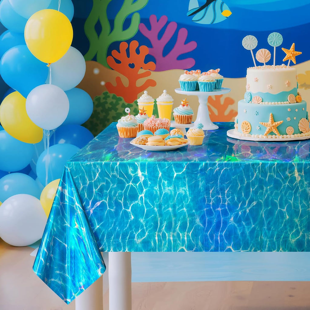 2 Pack Ocean Waves Holography Tablecloth, 54 x 108” Blue Sea Design, Waterproof Disposable Plastic Table Cover for Beach, Pool, Under The Sea, and Birthday Party Decorations