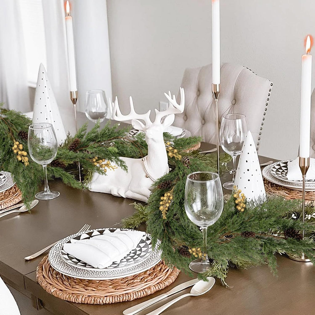 SJL Realistic Winter Greenery Garland Faux Christmas Garland with Gold Berry Pine Needle Greenery Artificial Cedar Cypress Garlands for Fireplace Mantel Stairs Table Porch Holiday Christmas Decor