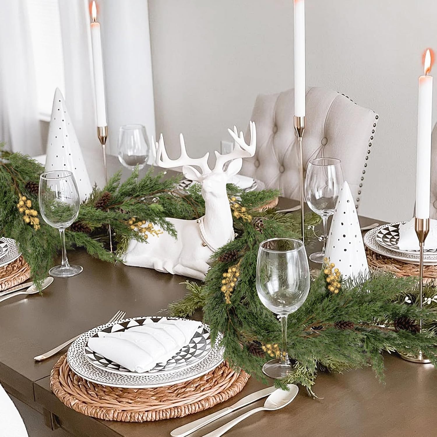 SJL Realistic Winter Greenery Garland Faux Christmas Garland with Gold Berry Pine Needle Greenery Artificial Cedar Cypress Garlands for Fireplace Mantel Stairs Table Porch Holiday Christmas Decor