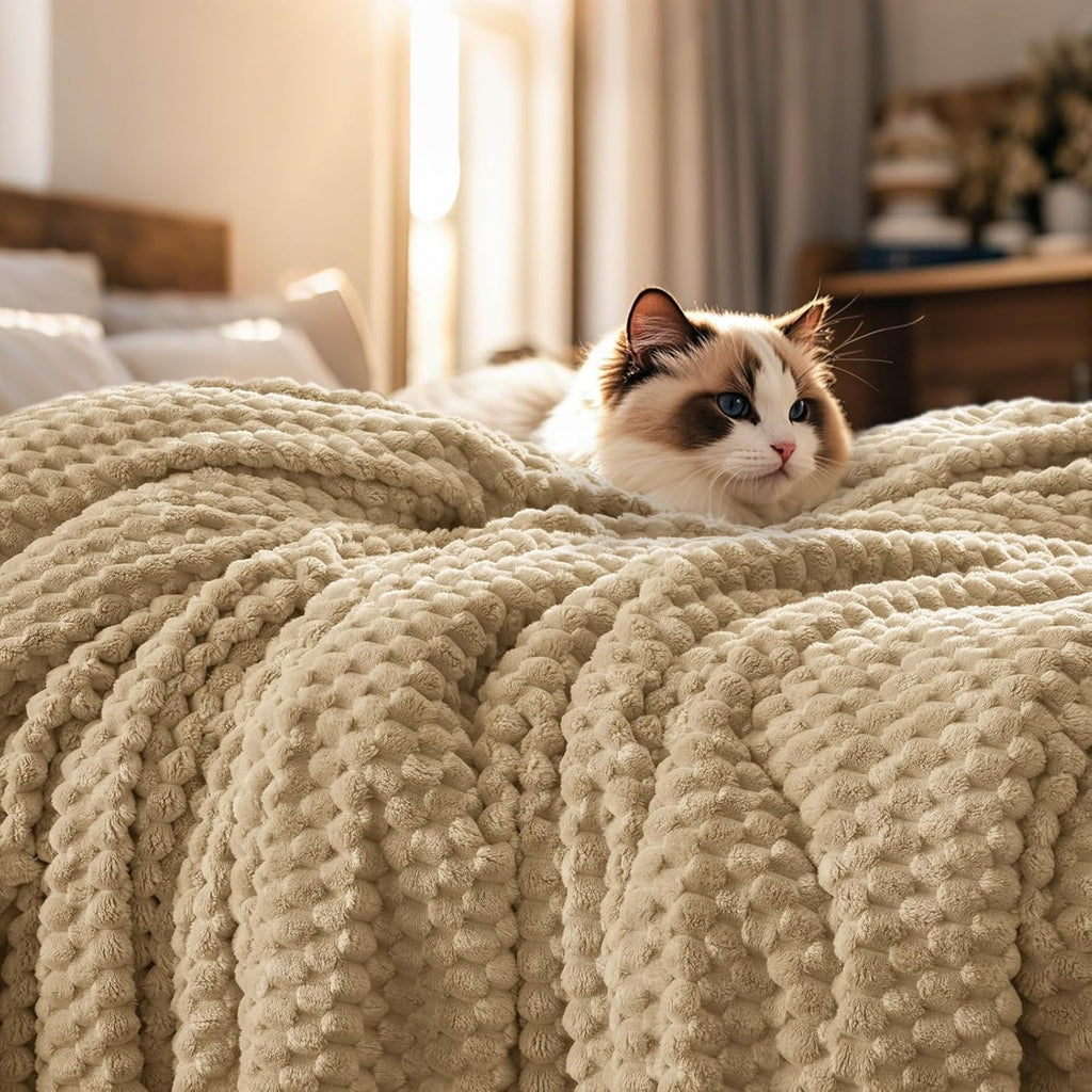 PHF Ultra Soft Flannel Fleece Blanket Twin Size, Lightweight 3D Jacquard Fleece Blanket, No Shedding, No Pilling, Luxury 340GSM Fluffy Cozy Bedding for Bed Room Decor, 66"x90", Khaki