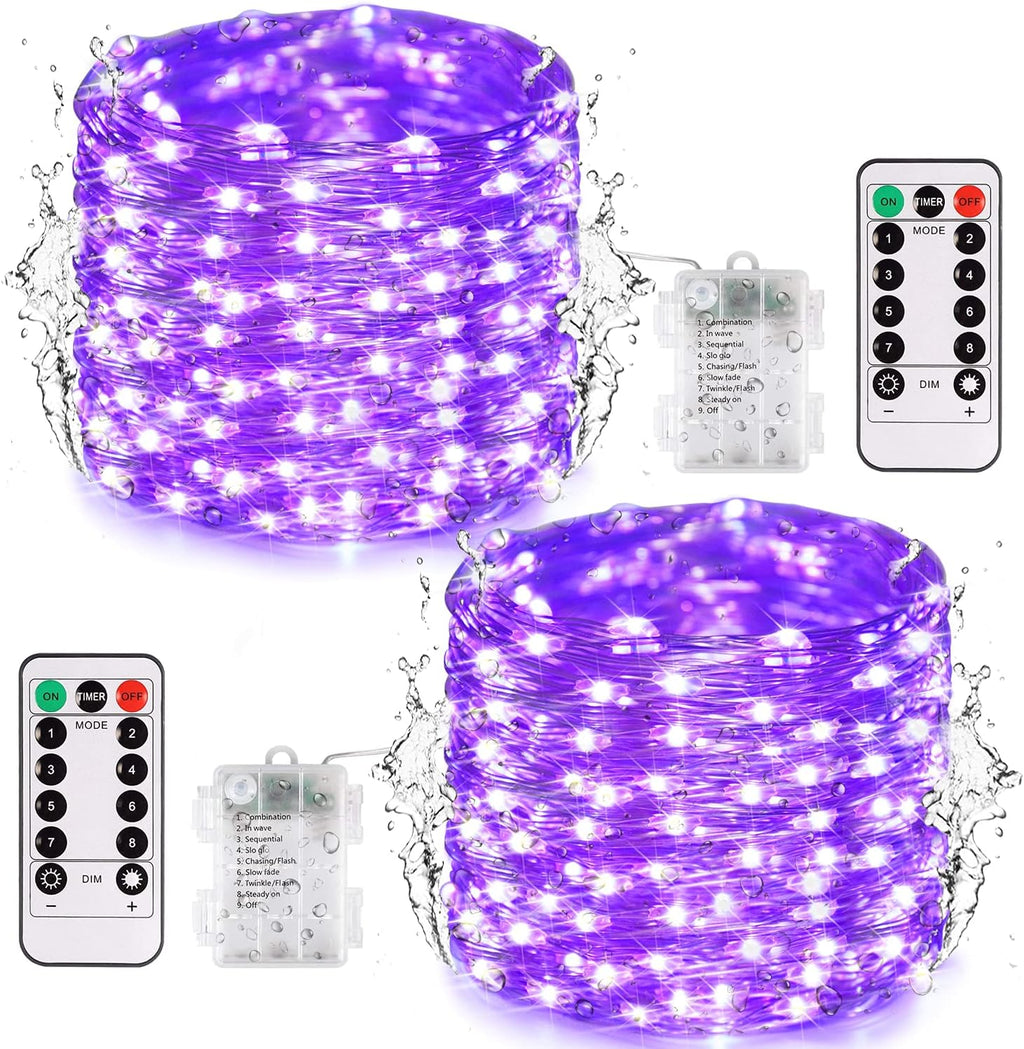 JMEXSUSS 2 Pack Christmas Fairy Lights Battery Operated, Total 400 LED 132ft Purple Christmas String Lights Indoor with Remote, 8 Modes Copper Wire Twinkle Lights for Bedroom Wall Tree Decor
