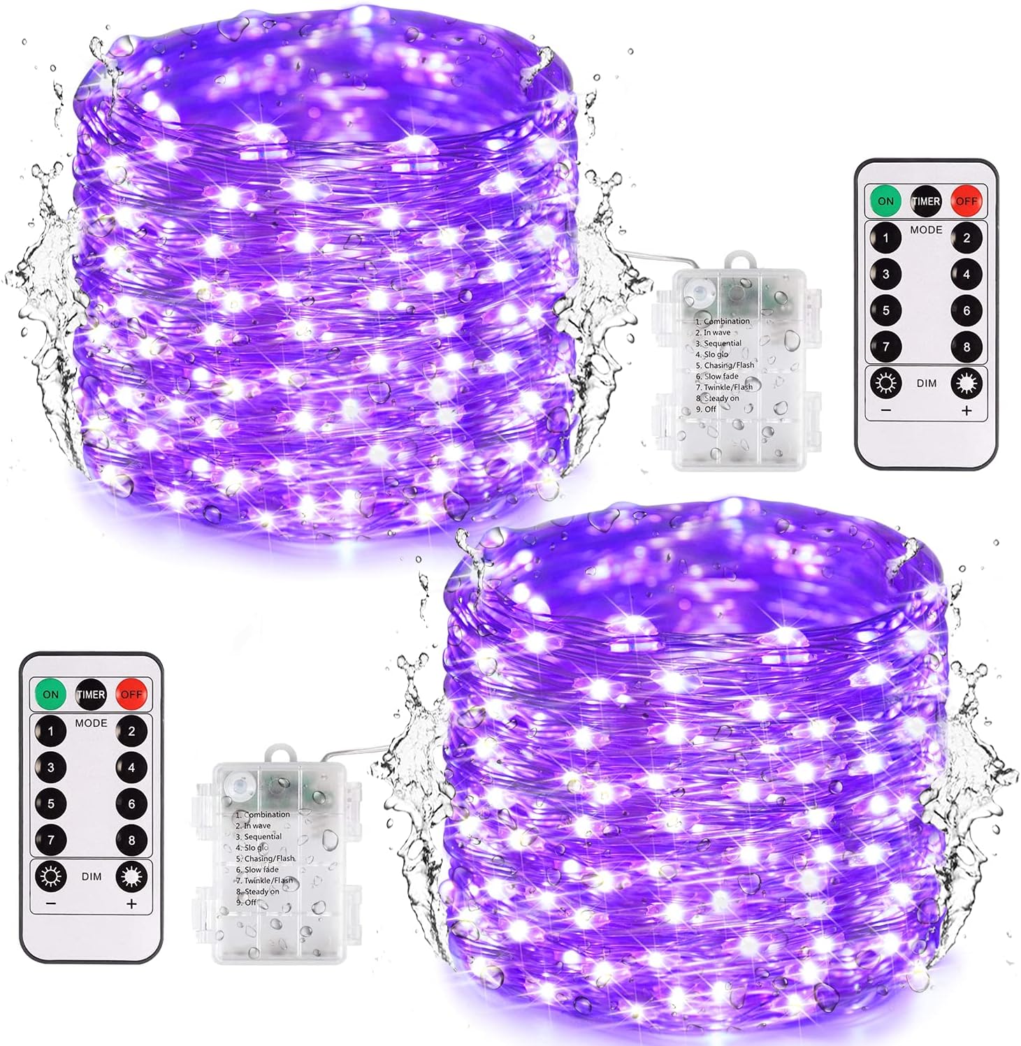 JMEXSUSS 2 Pack Christmas Fairy Lights Battery Operated, Total 400 LED 132ft Purple Christmas String Lights Indoor with Remote, 8 Modes Copper Wire Twinkle Lights for Bedroom Wall Tree Decor