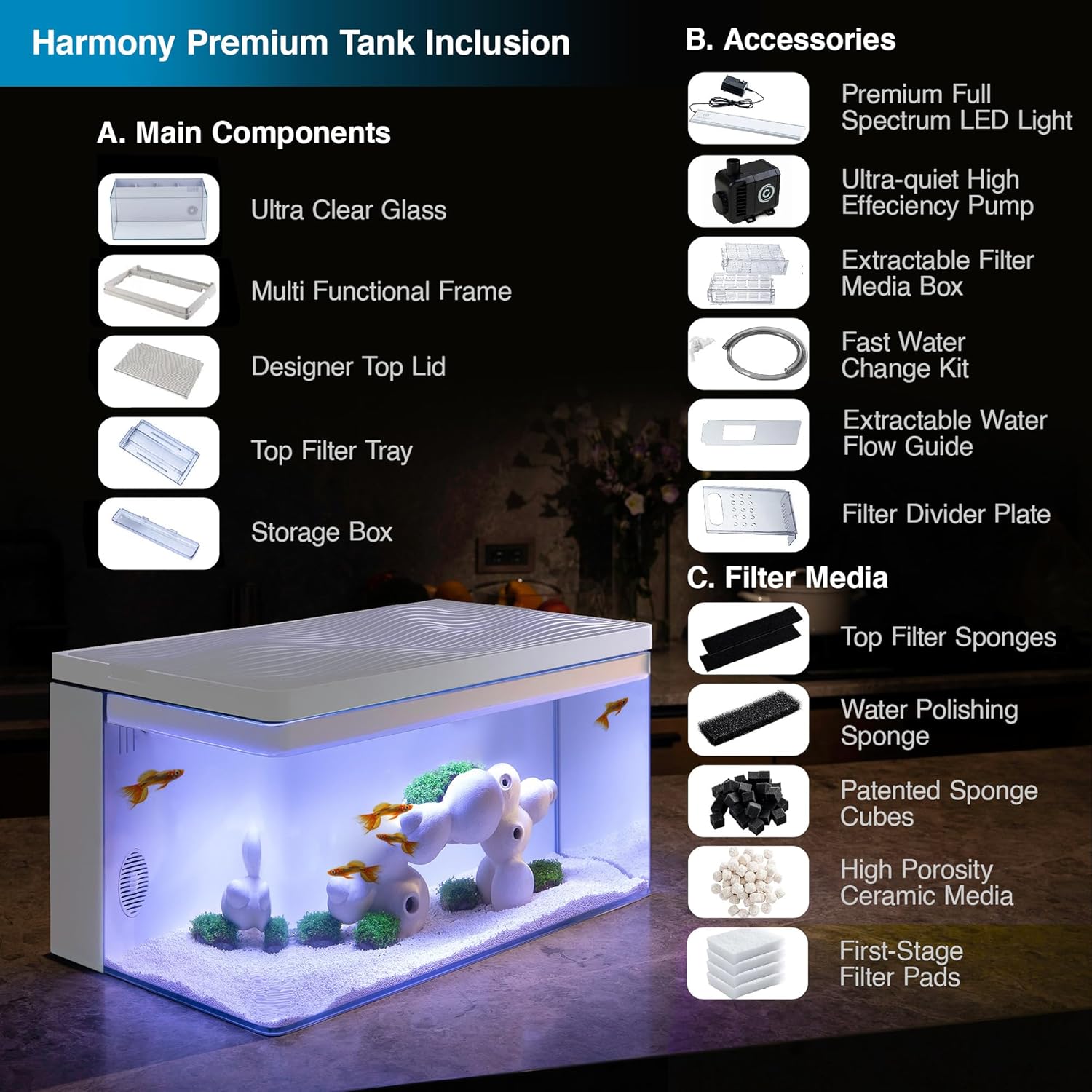 Harmony Aquarium Tank by Clairnara – All-in-One 8 Gallon Freshwater Fish Tank with LED Light, Quiet Pump, and Patented Filtration – iF Design Award Winner