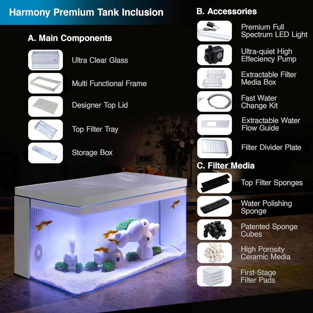 Harmony Aquarium Tank Deluxe by Clairnara – All-in-One 8 Gallon Freshwater Fish Tank with LED Light, Quiet Pump, and Patented Filtration – iF Design Award Winner