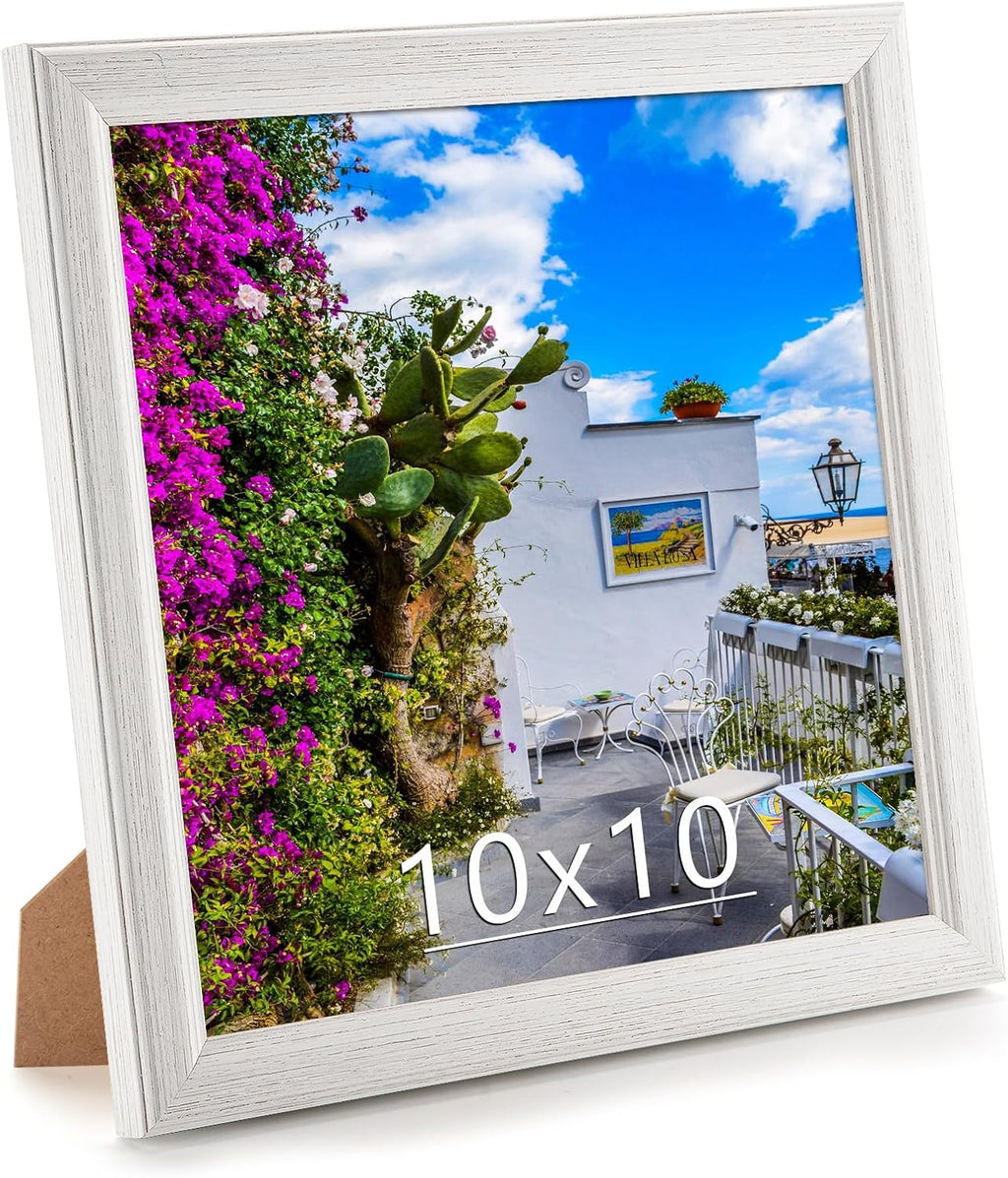 10x10 Wood Frame White, Natural Woodgrain 10x10in Picture Frame, Rustic Wooden 10 x 10 inch Gallery Photo Poster Frame with HD Plexiglass, Horizontal Vertical Wall Mounting Tabletop Display 1Pcs