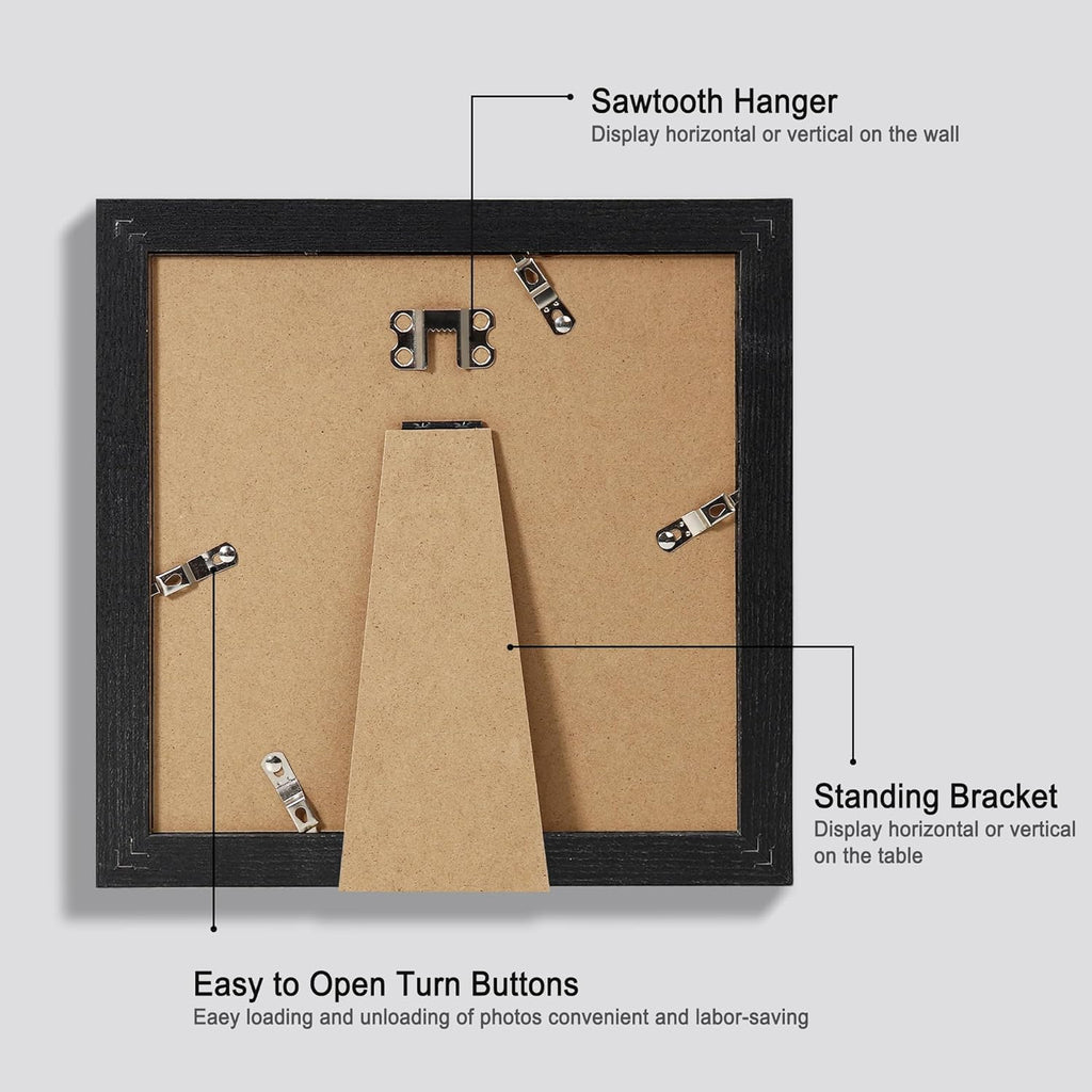 8x8 Picture Frames Set of 4, Made of Glass and Rustic Black Wooden Frame - Display Picture 6x6 with Mat or 8 x 8 Without Mat, 8 by 8 Photo for Wall or Tabletop