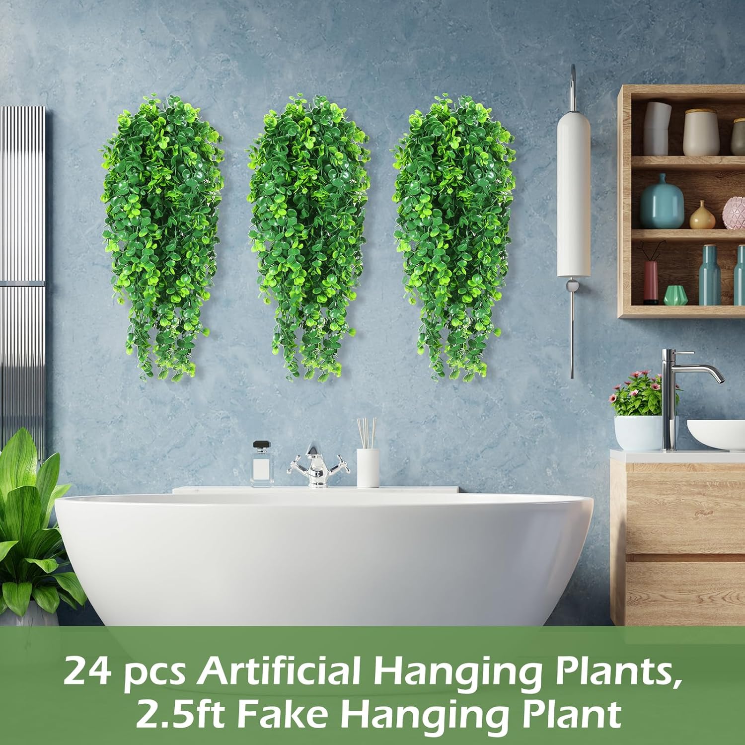 Hoteam 24 Pcs Artificial Hanging Plants 32 Inch Fake Ivy Vines with Fake Leaves Patio Artificial Plants Greenery for Living Room Indoor Outdoor Wall, No Basket (Eucalyptus)