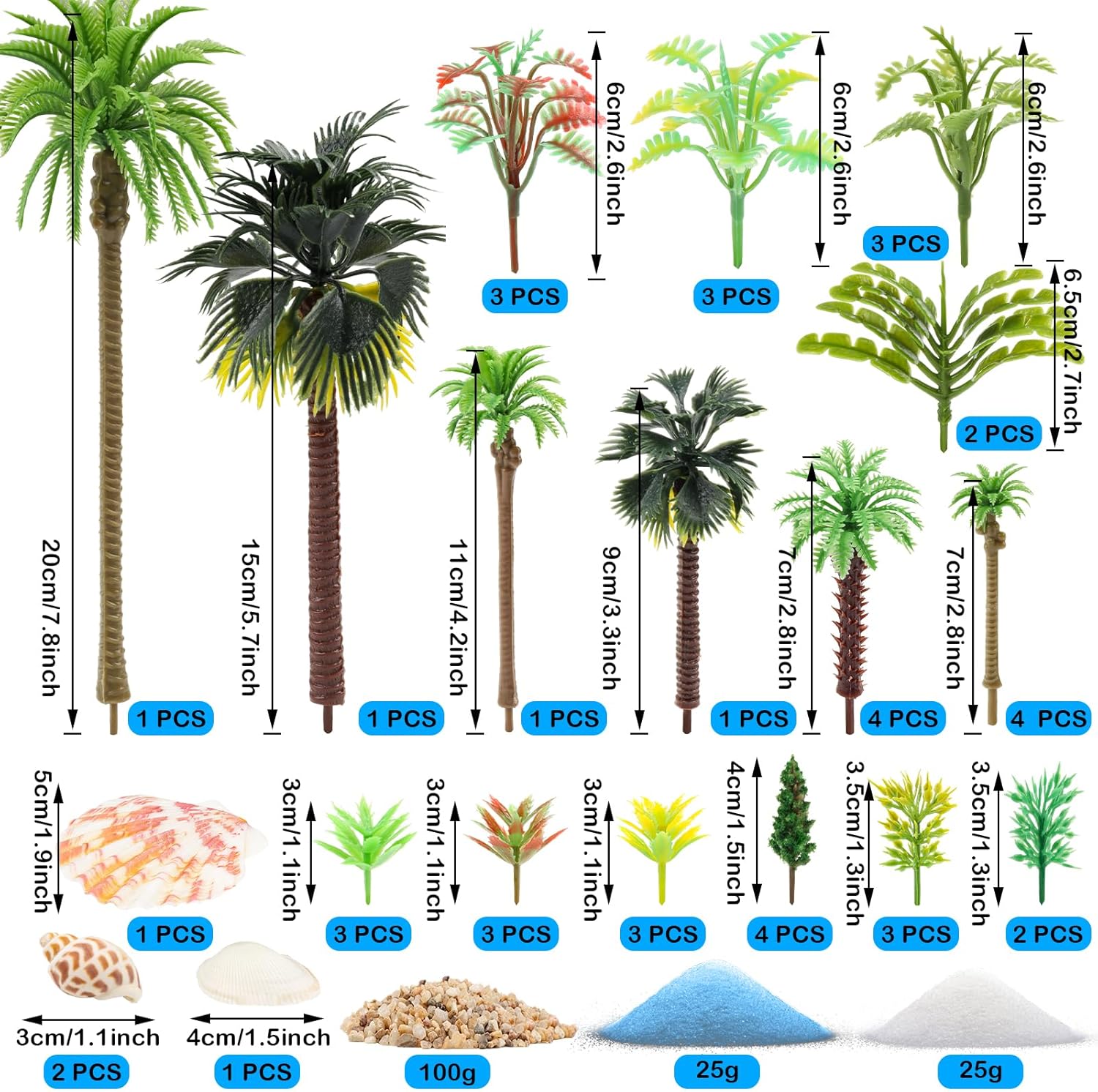 50PCS Mini Model Miniature Palm Trees Beach Coastal City Scenery Coconut Tree Rainforest with Sand and Shells, Architecture Fake Trees for DIY Crafts, Building Model, Scenery Landscape