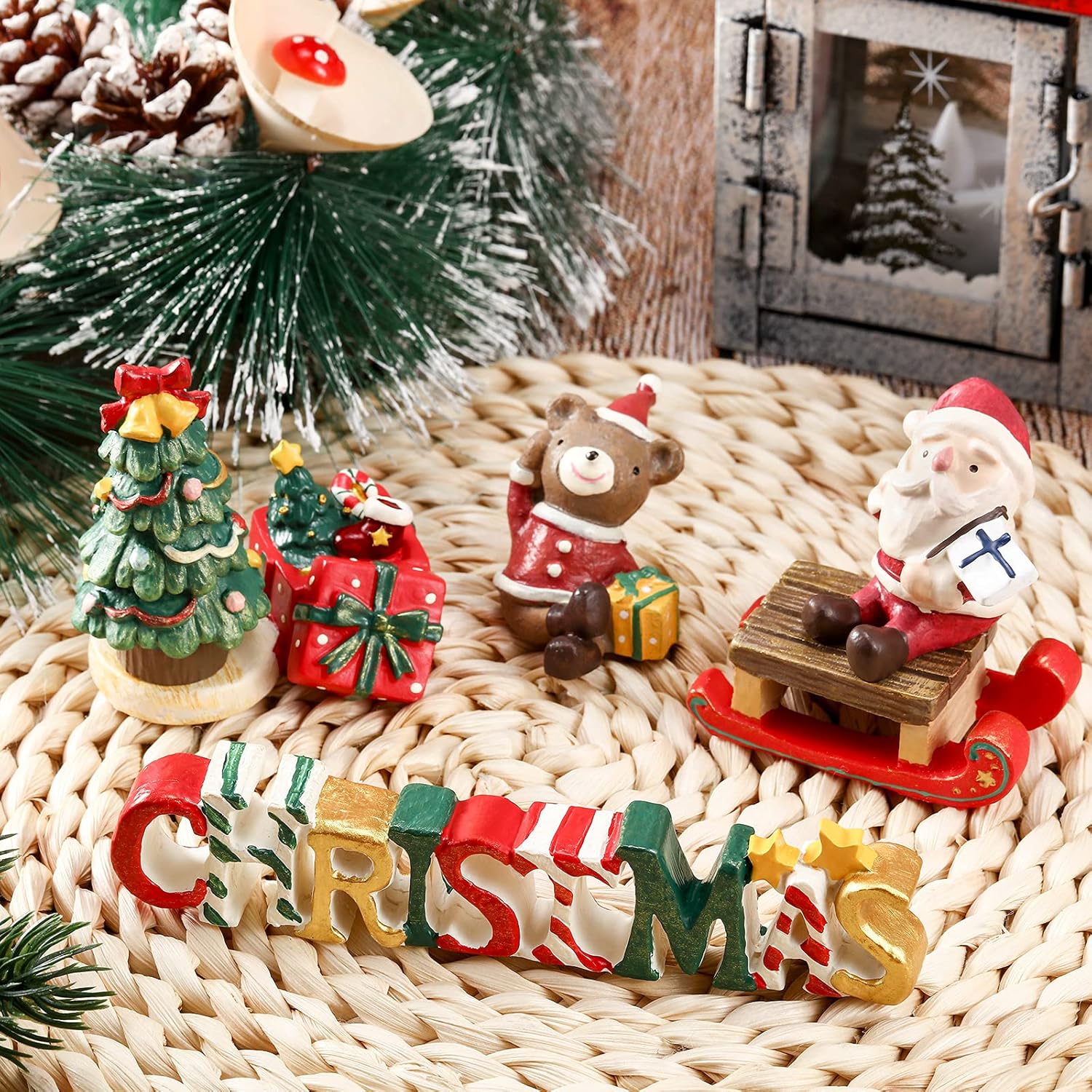 Jetec 6 Pcs Christmas Aquarium Decoration Fish Tank Creative Aquarium Resin Ornament Xmas Series Landscaping Decor Christmas Tree Santa Bear Sled Figurines for Table Desk (Lovely Style)