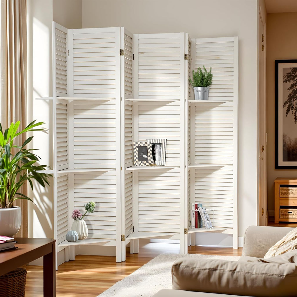 6 Panel Room Divider with Shelves Privacy Screen Partition Wooden Folding Divider for Room Separation Freestanding Room Divider for Home Office, Studio and Apartment, Faded White