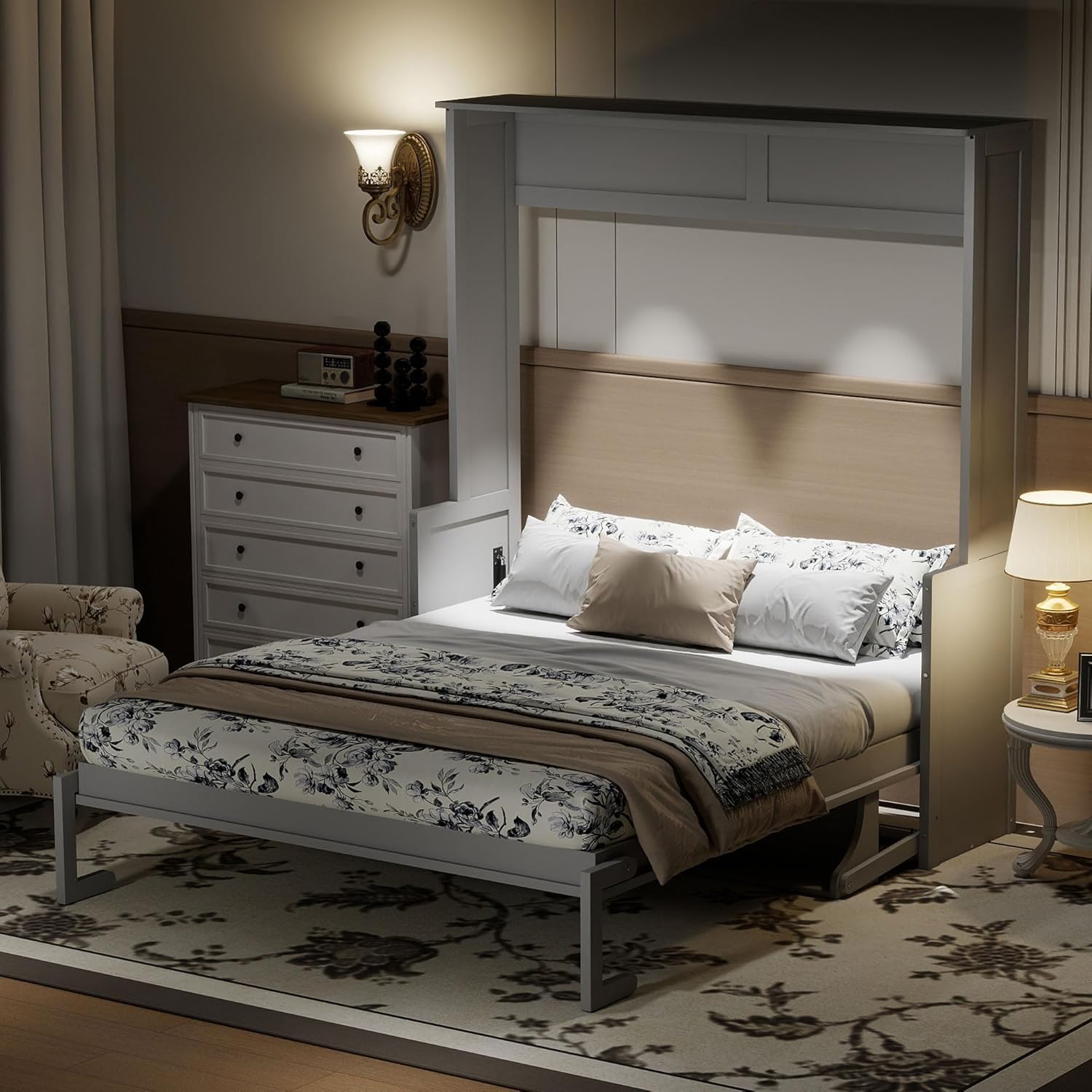 Merax Full Size Murphy Bed with Sofa Chair, Can be Folded Wall Bed with Storage Shelves and Light for Guest Room,Living Room and Bedroom