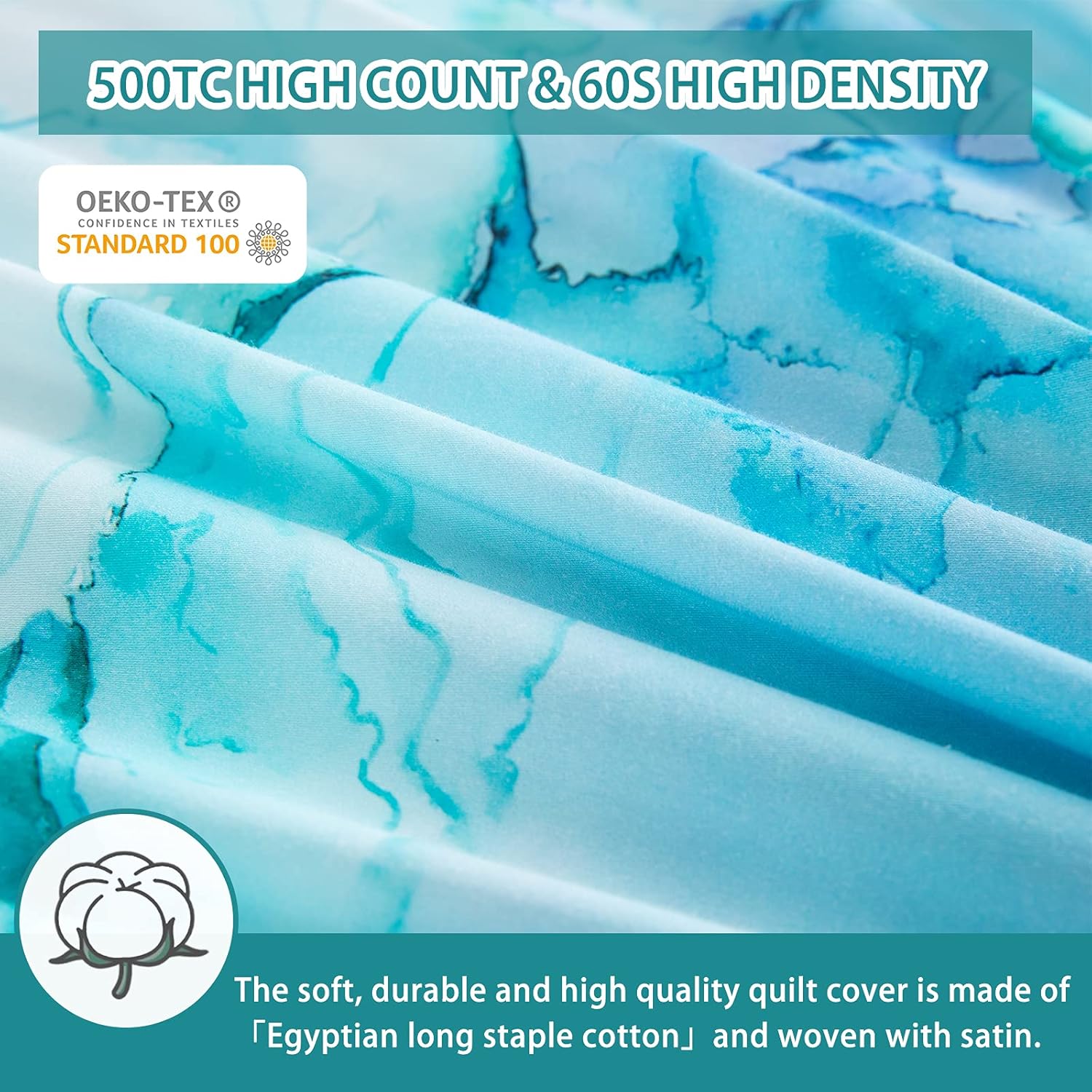 MILDLY 100% Long-Staple Cotton Duvet Cover Set Aqua Watercolor Marble Pattern Printed Comforter Cover 3pcs, Ultra Soft & Breathable Bedding Set