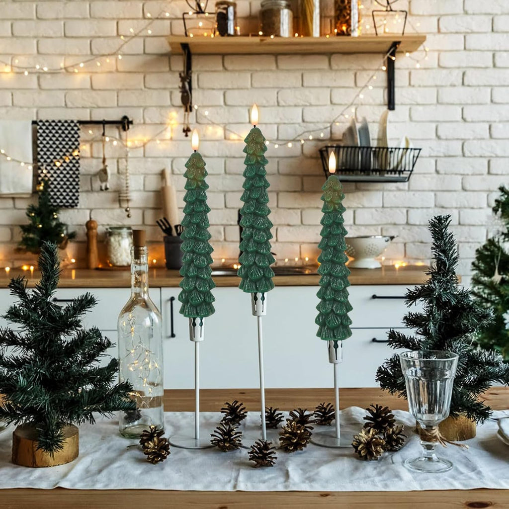 GenSwin Christmas Tree Flameless Taper Candles with Remote Timer, Christmas LED Taper Candles with 3D Flame, 4 Pcs Green LED Candlesticks for Christmas Home Decoration(0.78” x 9.8”)