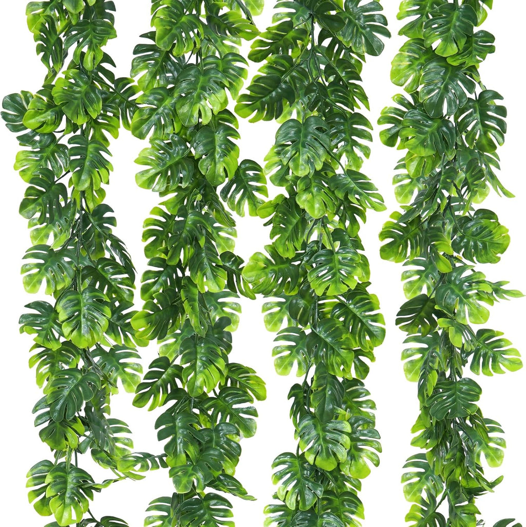 Dolicer 4Pcs Artificial Monstera Leaf Vines, 5.6Ft Fake Hanging Greenery Plants Tropical Palm Leaves Ivy Vine Monstera Garland for Home Garden Porch Patio Hawaiian Party Indoor Outdoor Décor