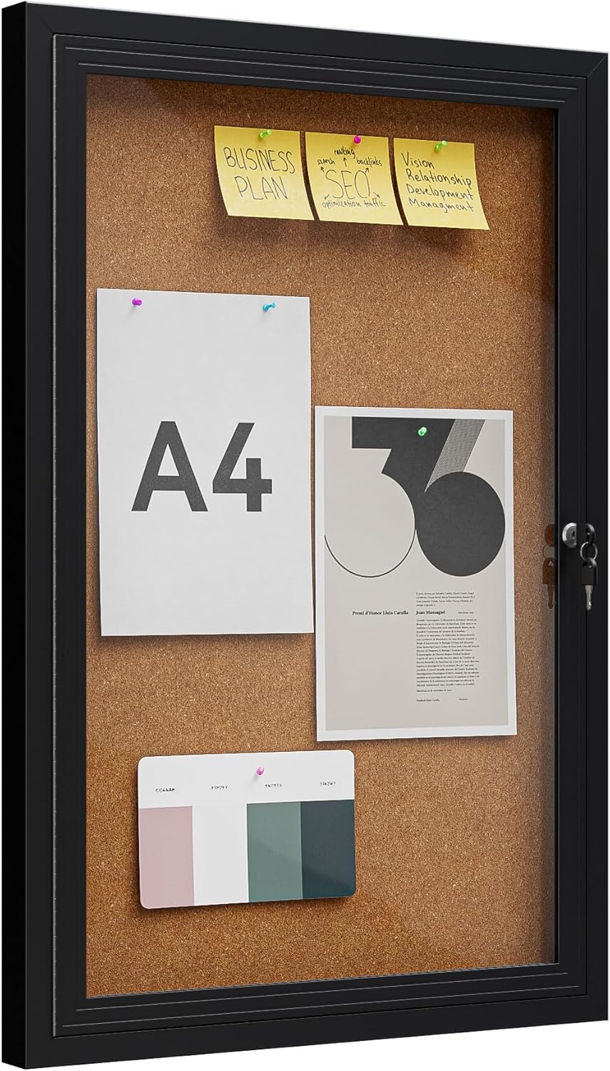36"x24" Lockable Enclosed Bulletin Board, Outdoor Cork Weather-Resistant Aluminum Frame Notice Board, Wall Mounted Display Case Acrylic Doors for School,Office,Black Frame w/Cork