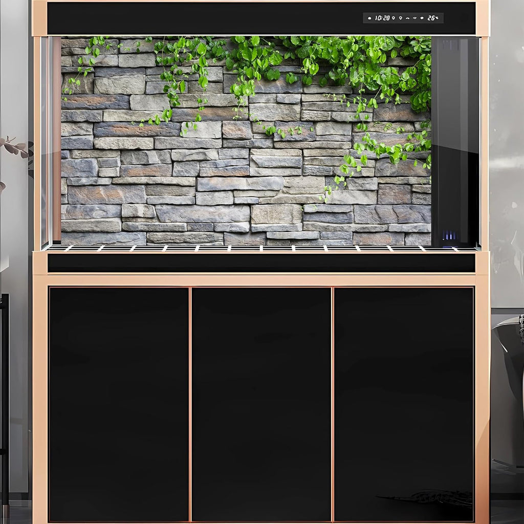 2 Packs Rock Wall Aquarium Background Stone Brick Wall Green Climbing Plants Reptile Tank Background Natural Rocky Fish Tank Backgrounds Rocky Walls Pattern Reptile Enclosure Backgrounds 48x20in