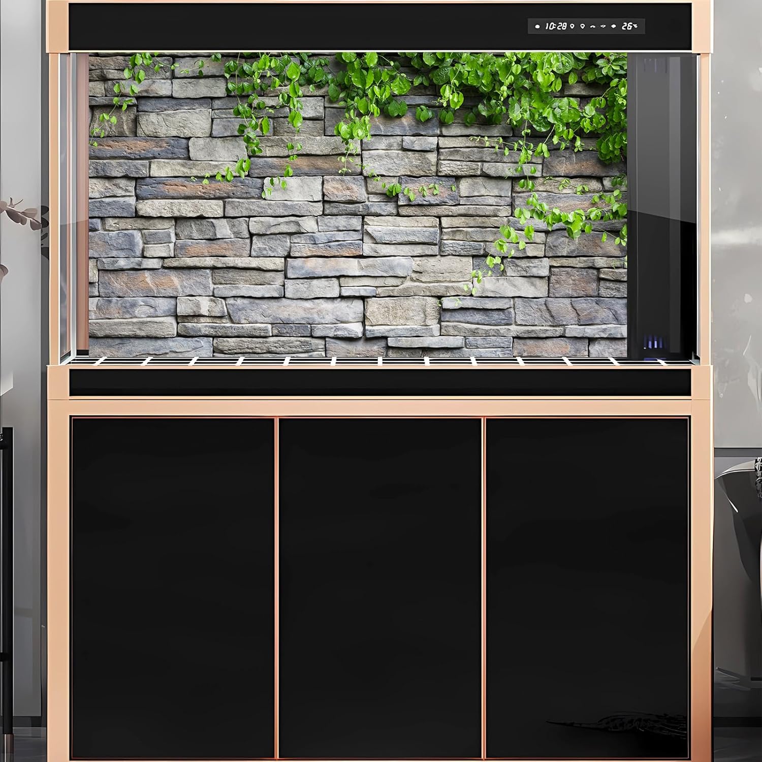 2 Packs Rock Wall Aquarium Background Stone Brick Wall Green Climbing Plants Reptile Tank Background Natural Rocky Fish Tank Backgrounds Rocky Walls Pattern Reptile Enclosure Backgrounds 30x18in