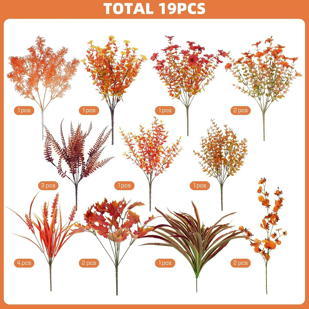 GTIDEA 19 Bundles Artificial Fall Flowers for Outdoors UV Resistant Faux Autumn Plants Plastic Flowers Outside Faux Fall Plants Bushes for Planter Window Box Porch Indoor Home Thanksgiving Decor