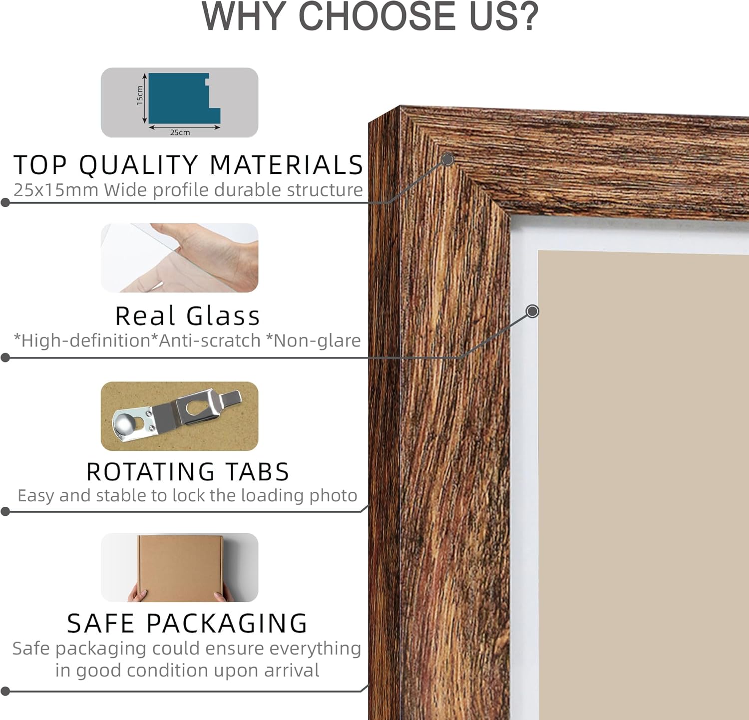 11x14 Picture Frame Set of 4, Made of Glass and Rustic Brown Wooden Frame, Display 8x10 Pictures with Mat or 11 x 14 Posters without Mat for Wall Mounting, Gallery Photo Frames